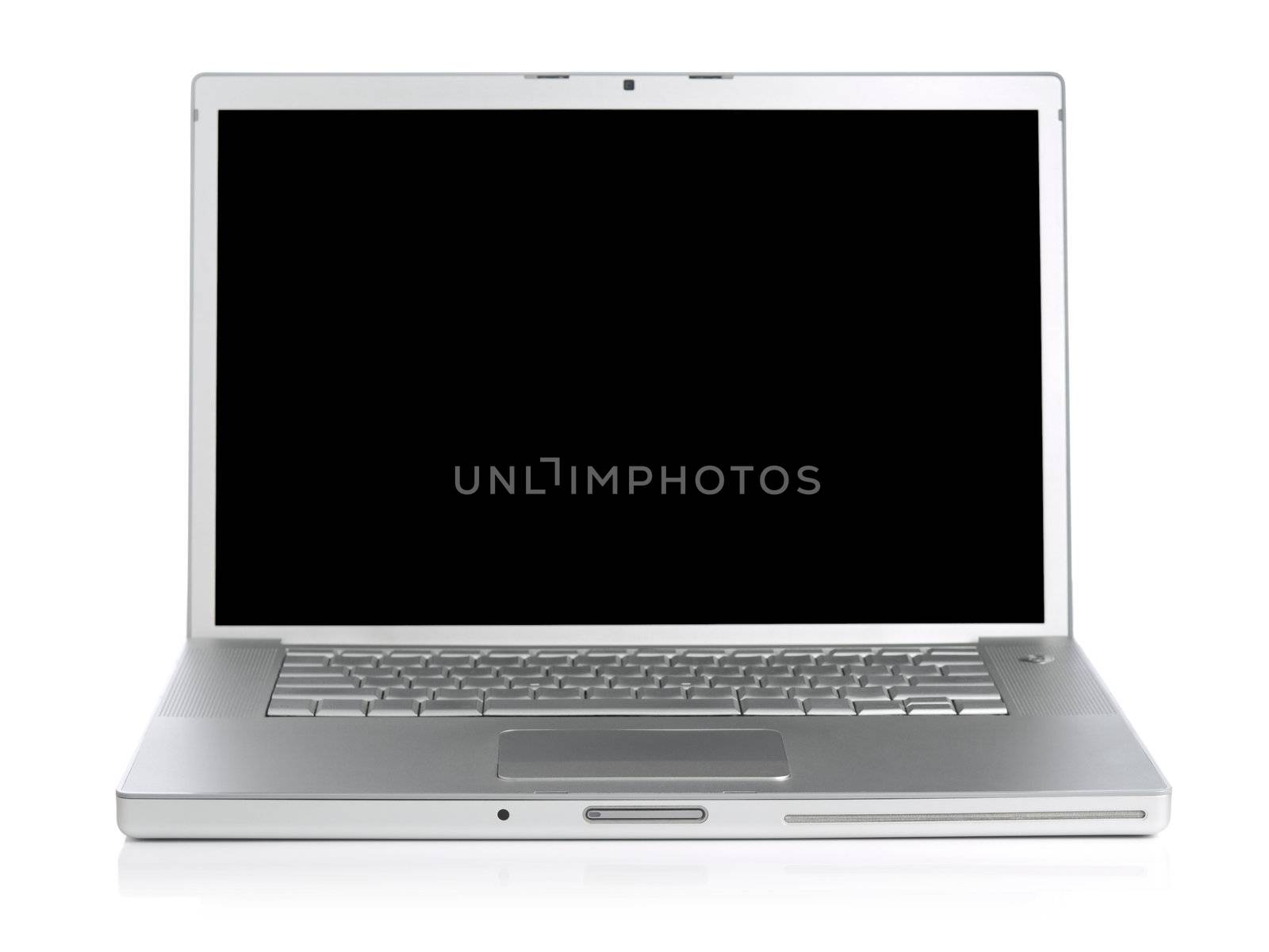 Wide screen silver laptop computer over a white background.