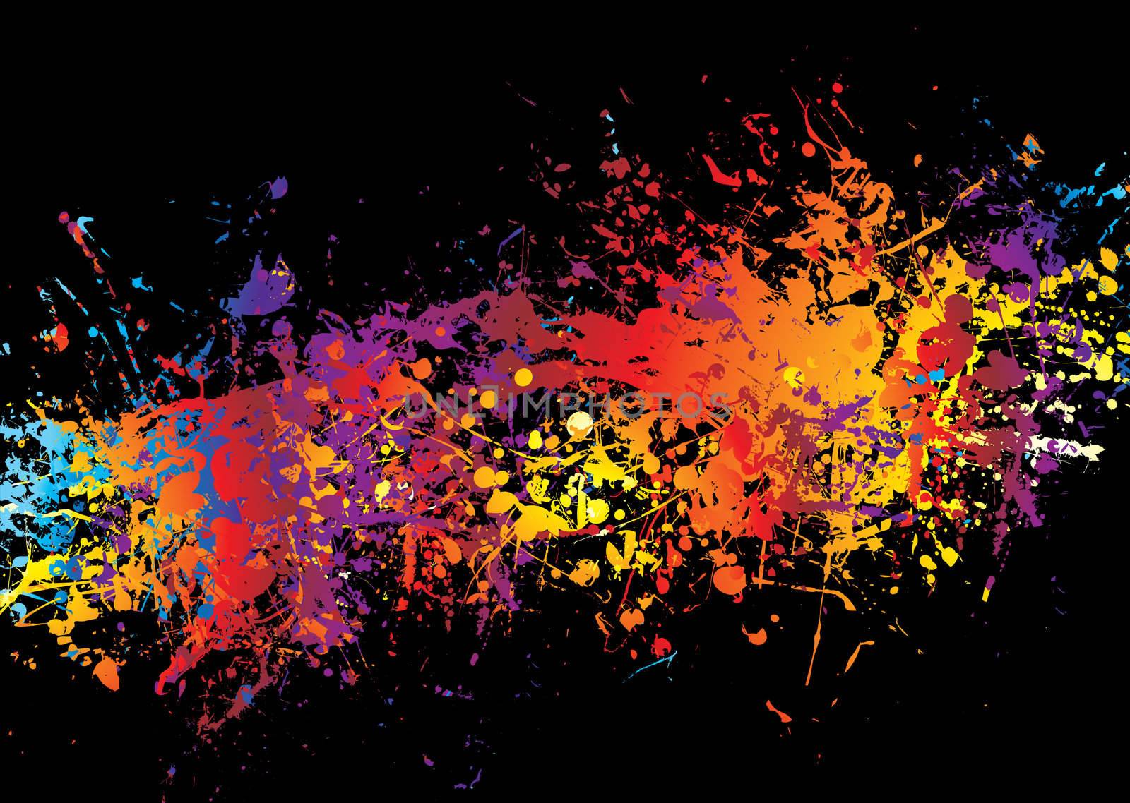 Spray of multi coloured ink on a black background