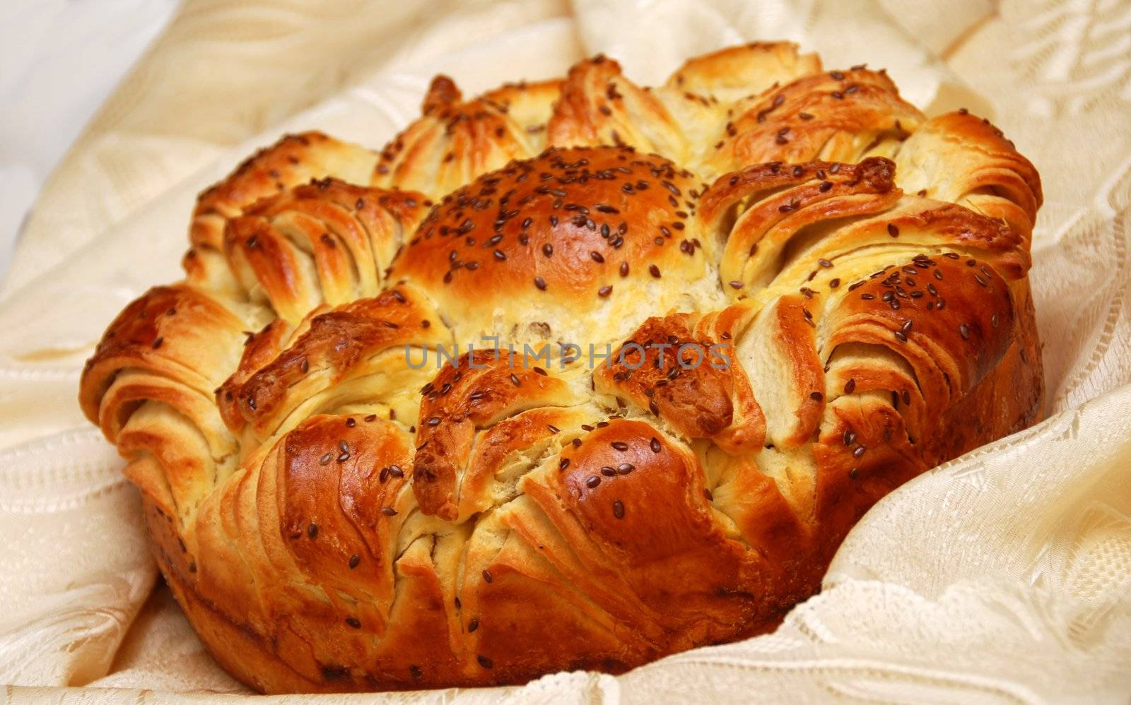 appetizing fresh homemade decorative bread with flax seeds