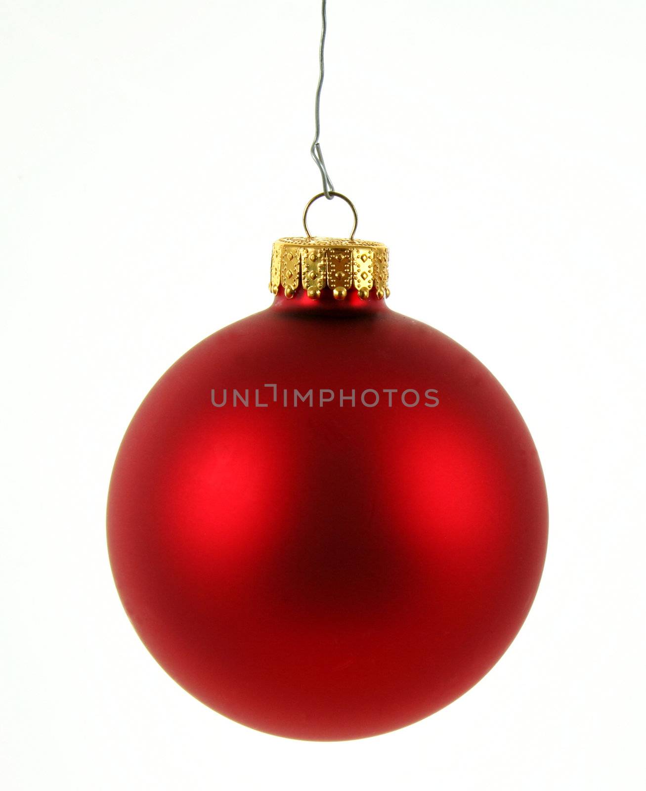 A single isolated red Christmas bauble hanging.
