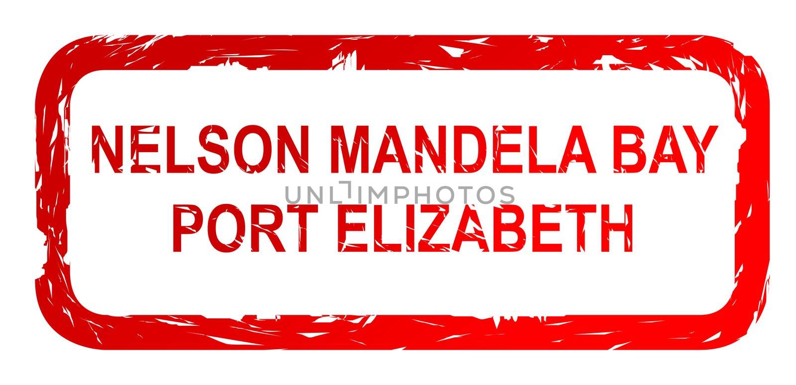 Used red Nelson Mandela Bay and Port Elizabeth city travel passport stamp, isolated on white background.