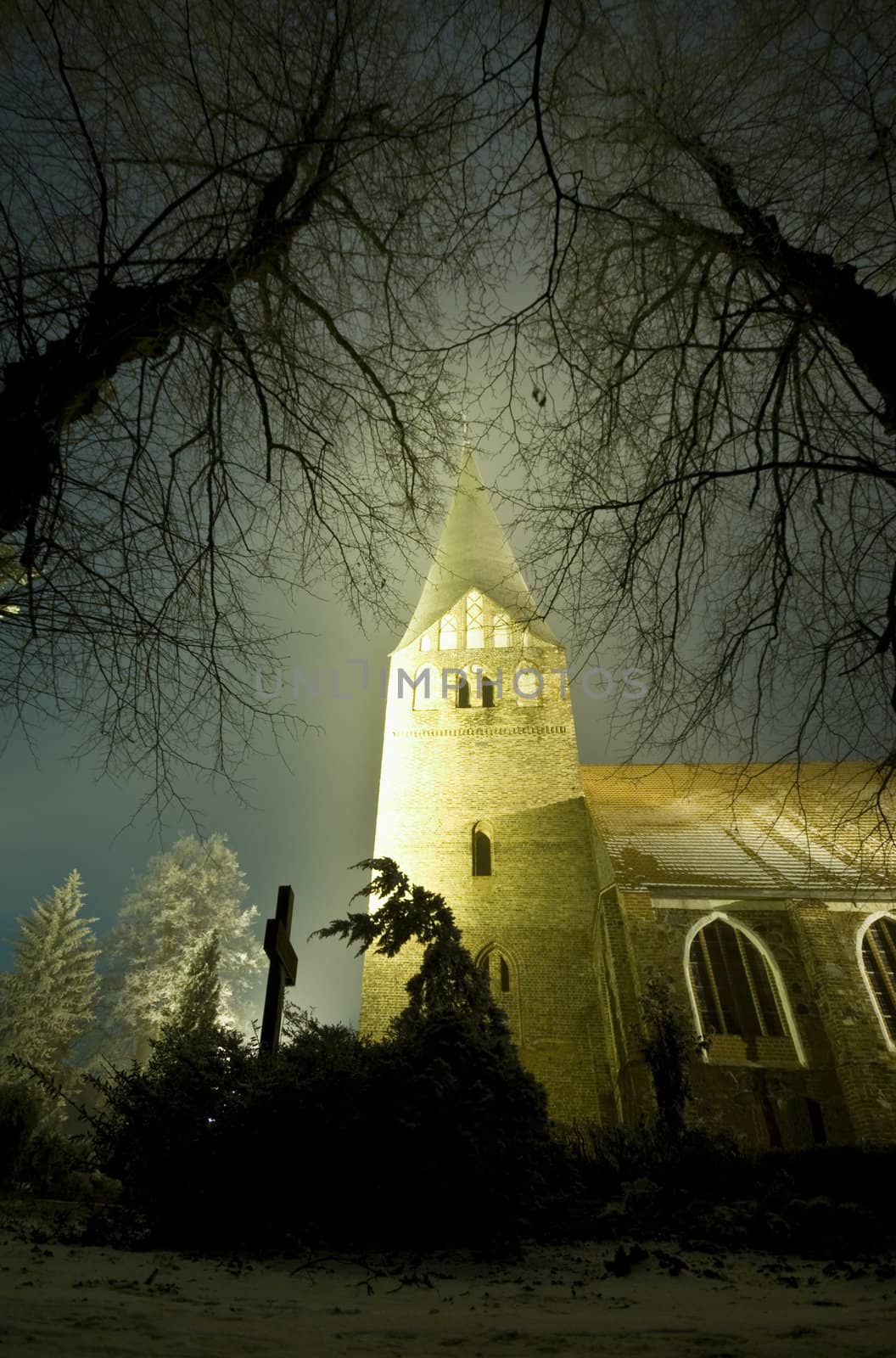 village church of Wusterhusen, germany at night