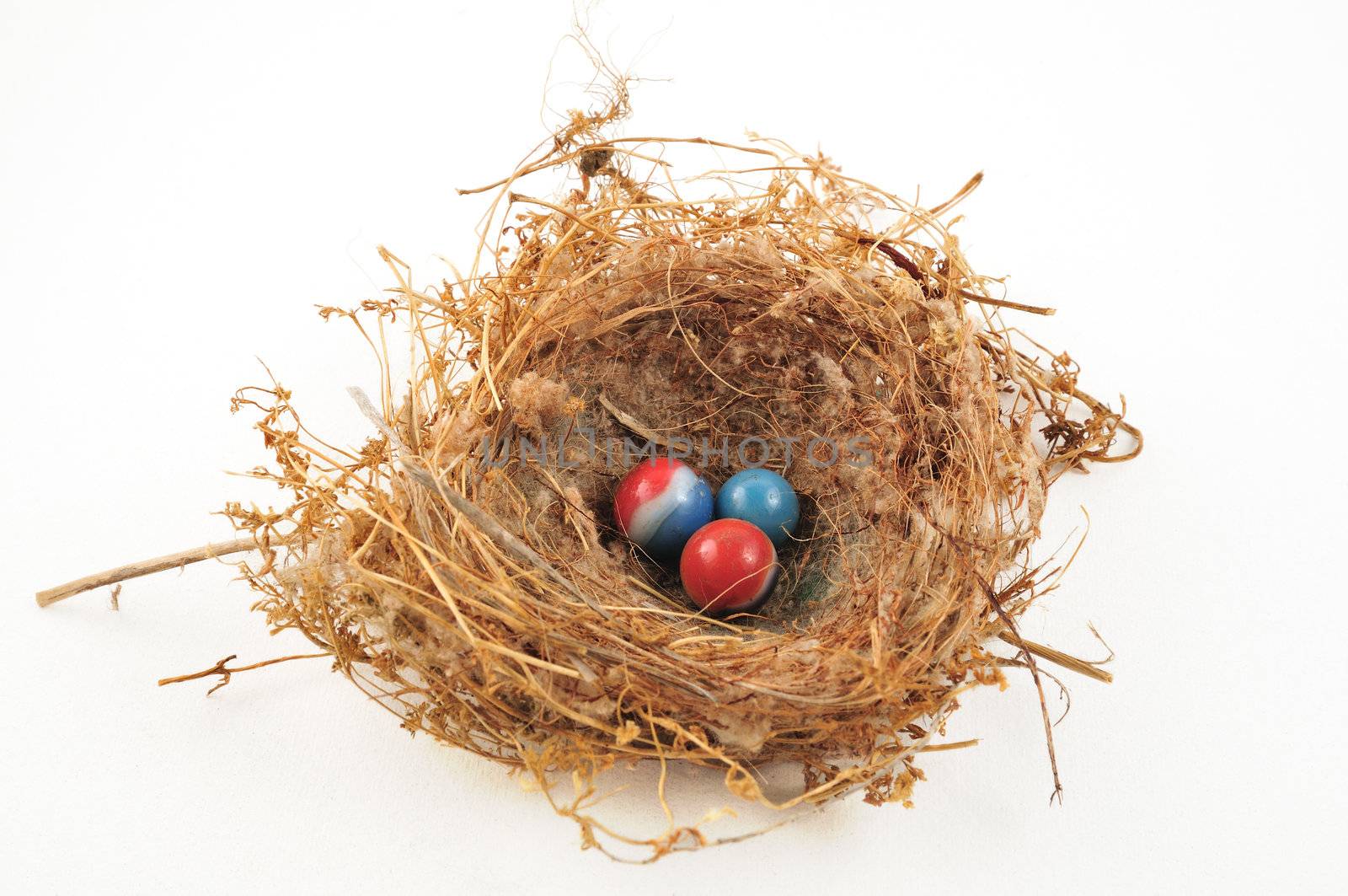 three marbles in a little bird's nest of twigs