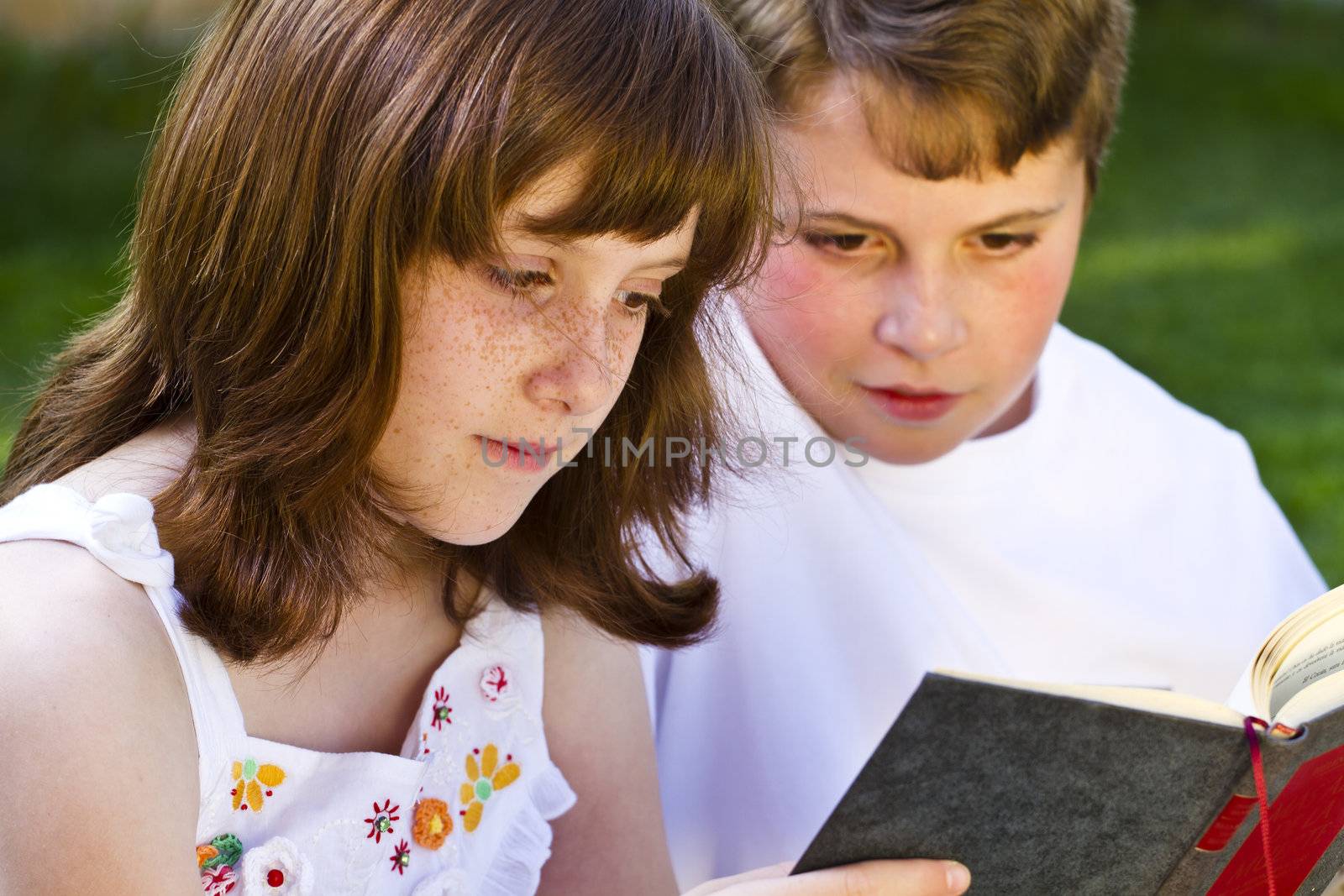 Portrait of cute kids reading books in natural environment