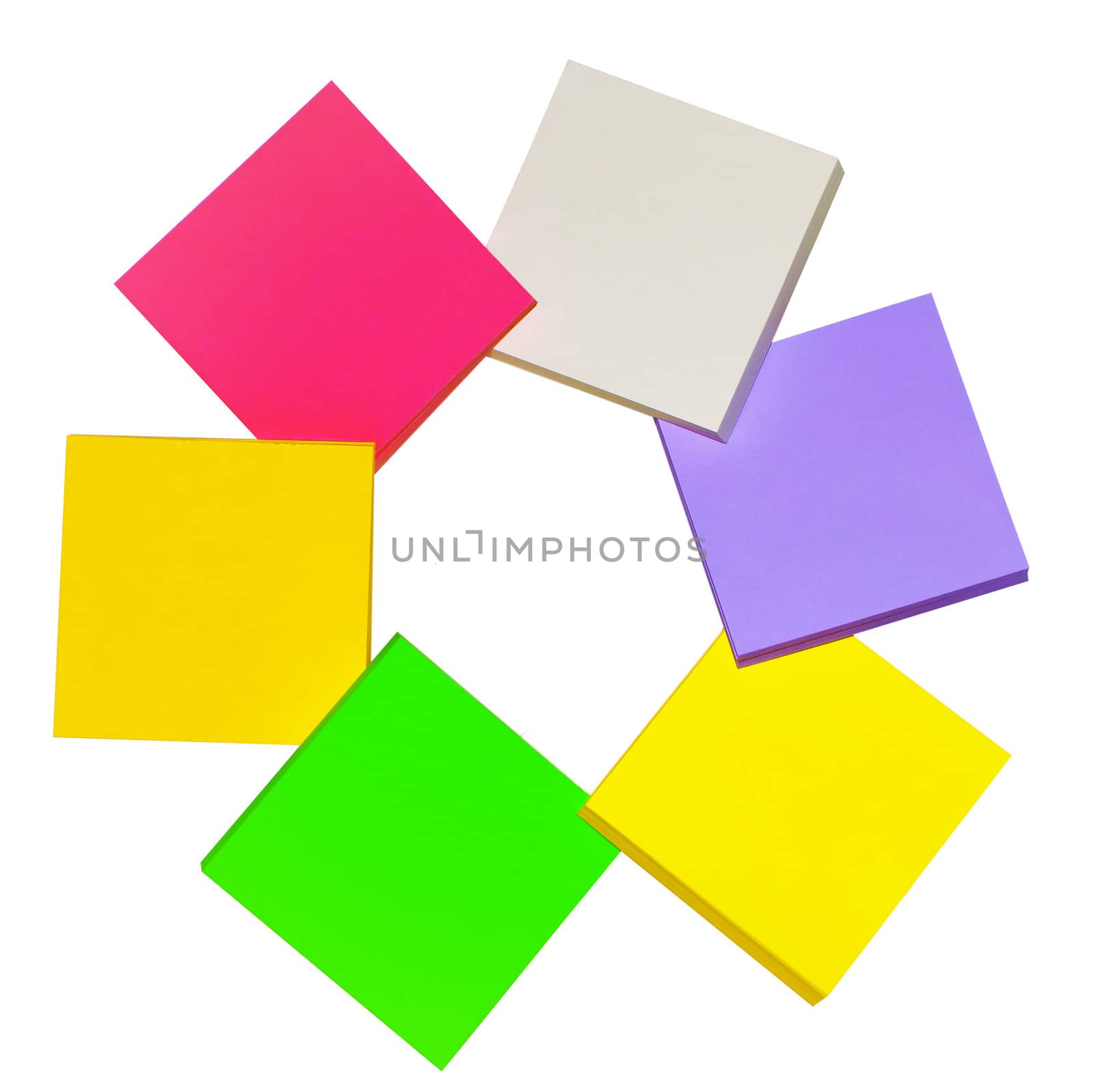 Piles of sticky notes on white background