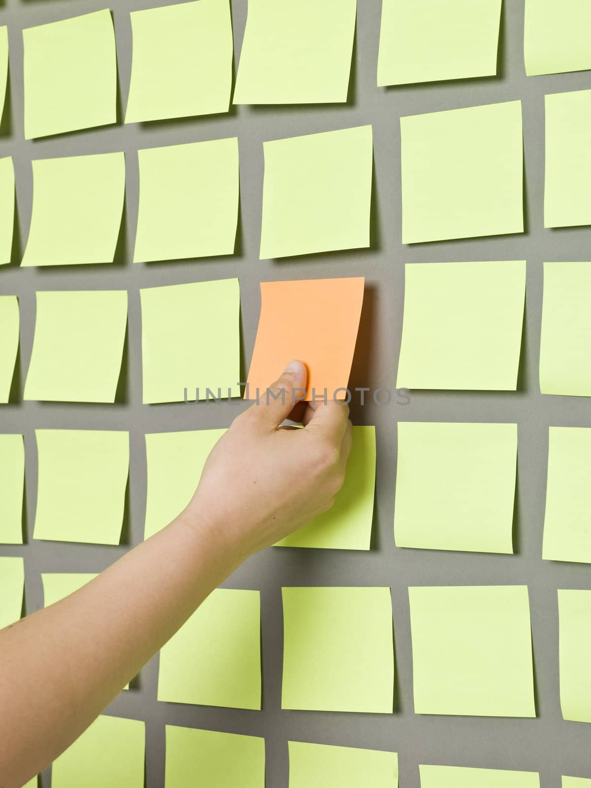 Human taking an Adhesive Note from a wall
