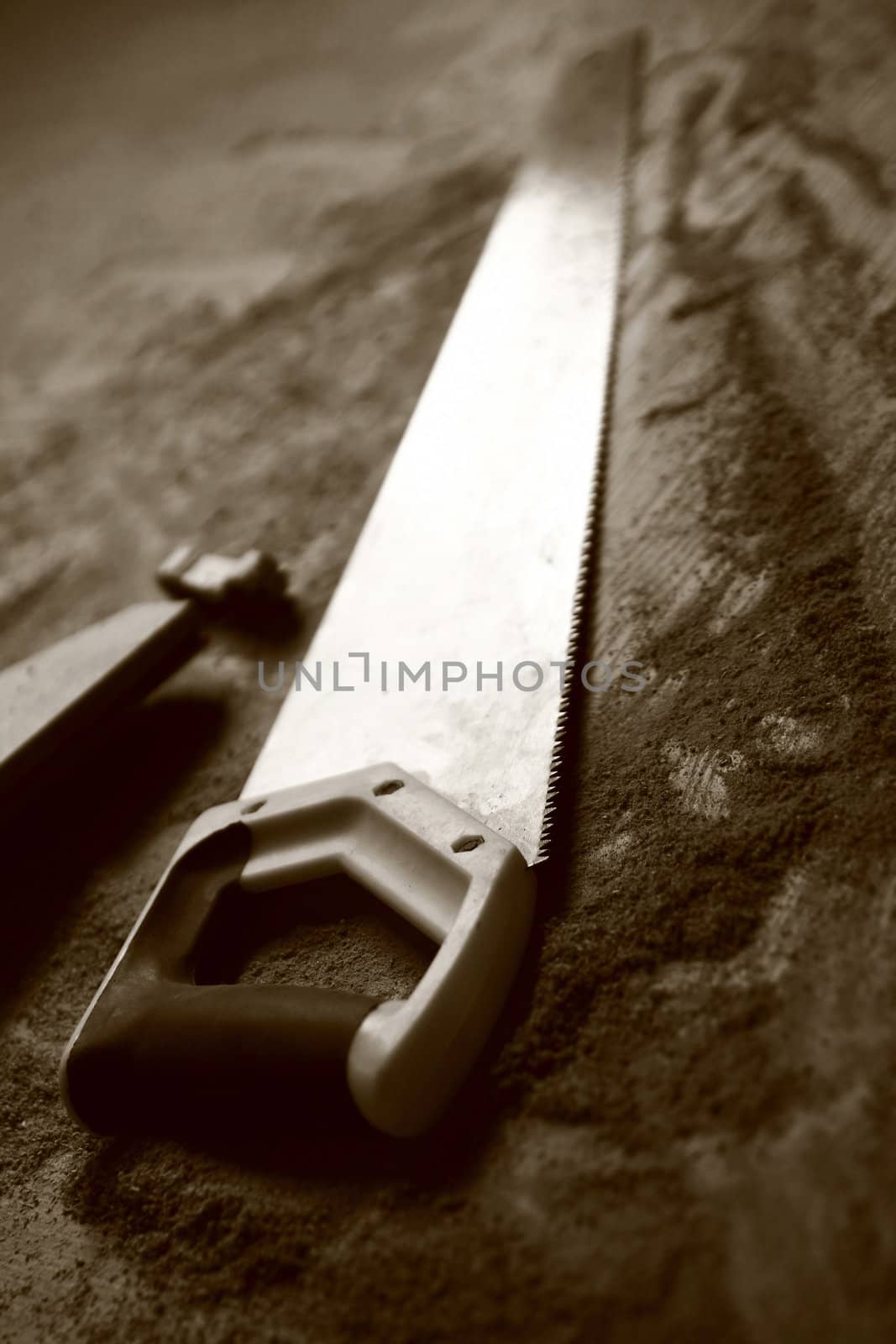 black & white photo of saw lying on floor surrounded by sawdust