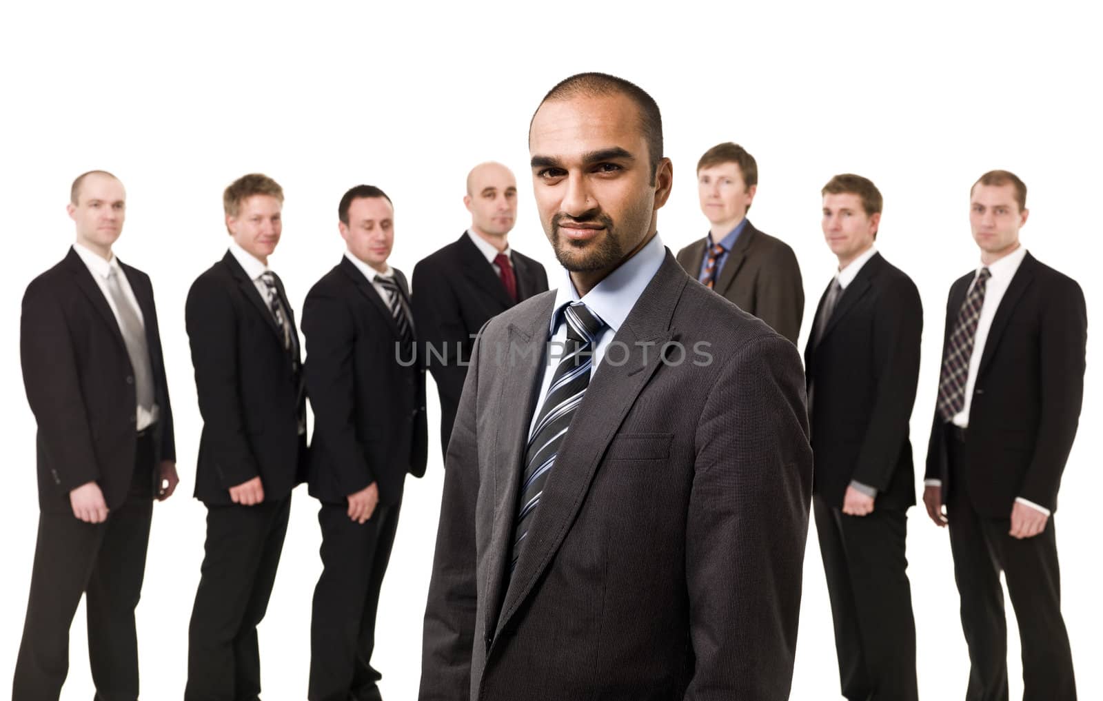 Boss in front of his team isolated on white background