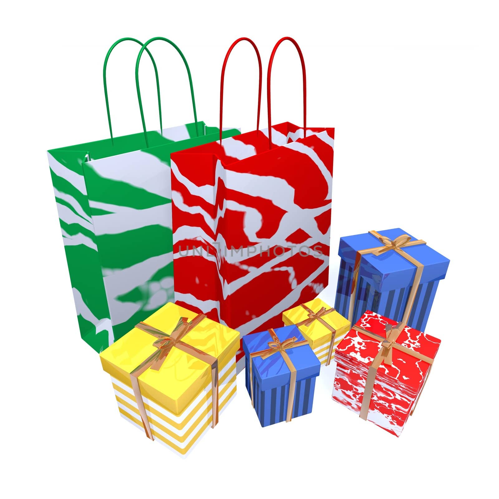 a 3d rendering of some colored shopping bags and gifts