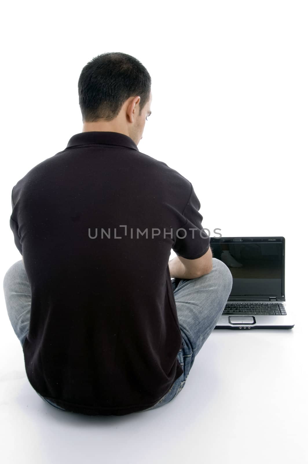 back pose of male with notebook on an isolated white background