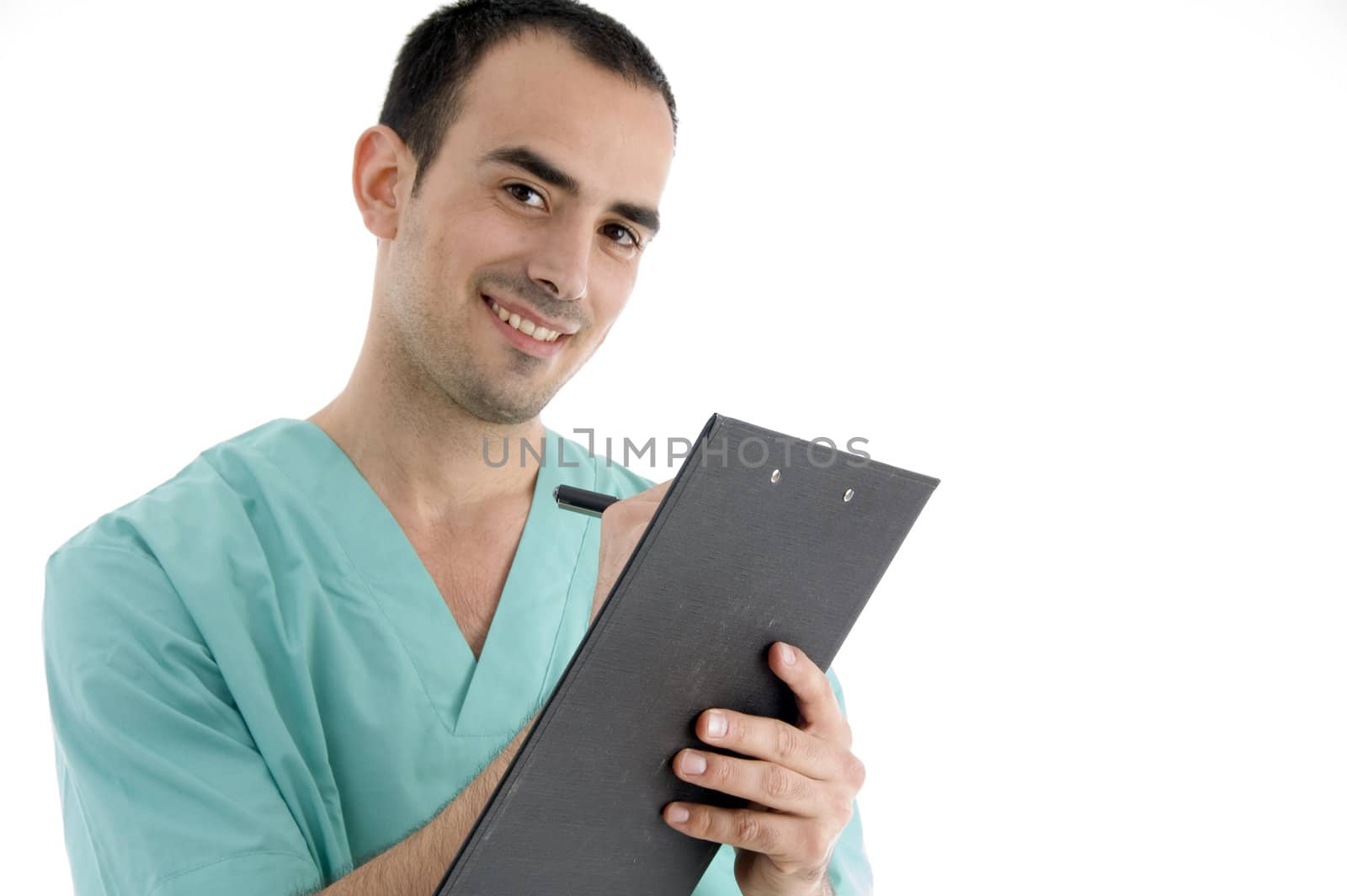 doctor writing on notepad on an isolated white background