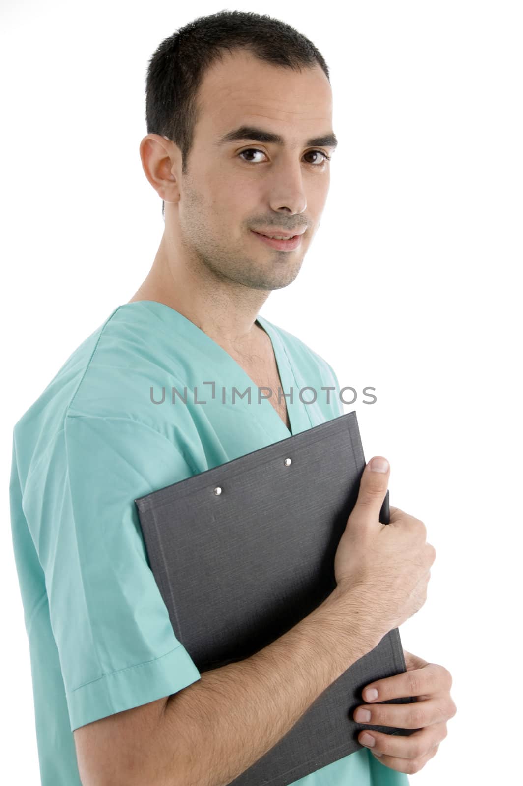 side pose of doctor with writing pad on an isolated white background