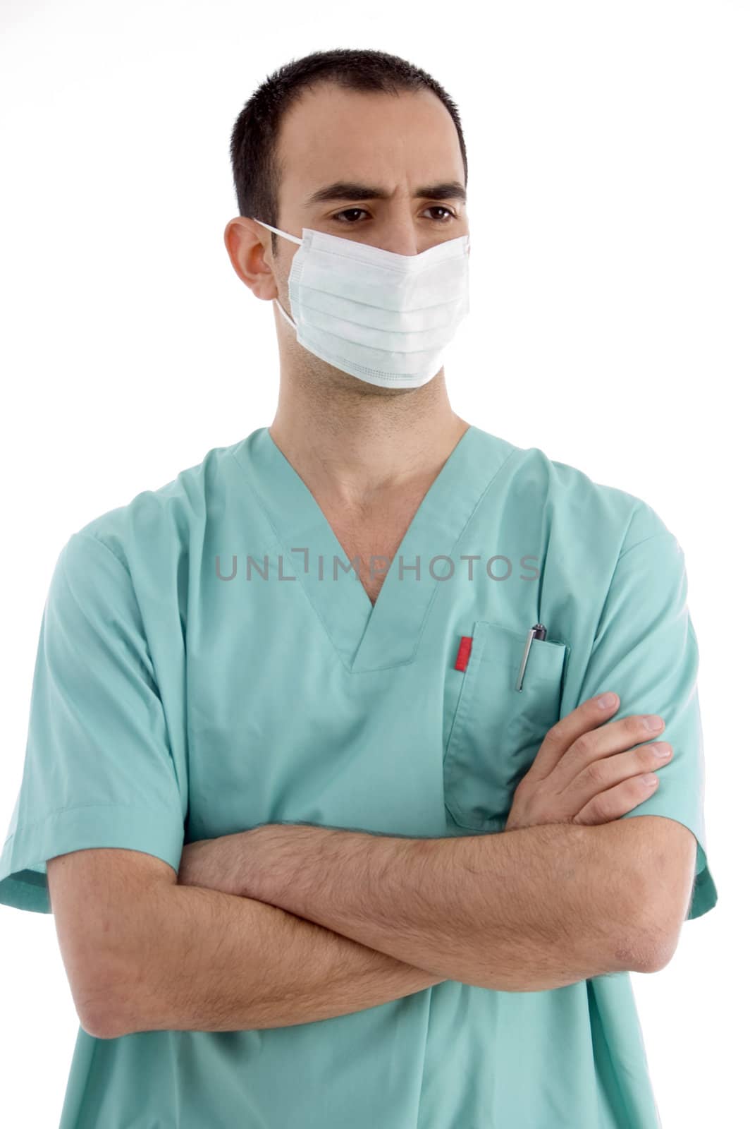 doctor with mask and folded hands with white background