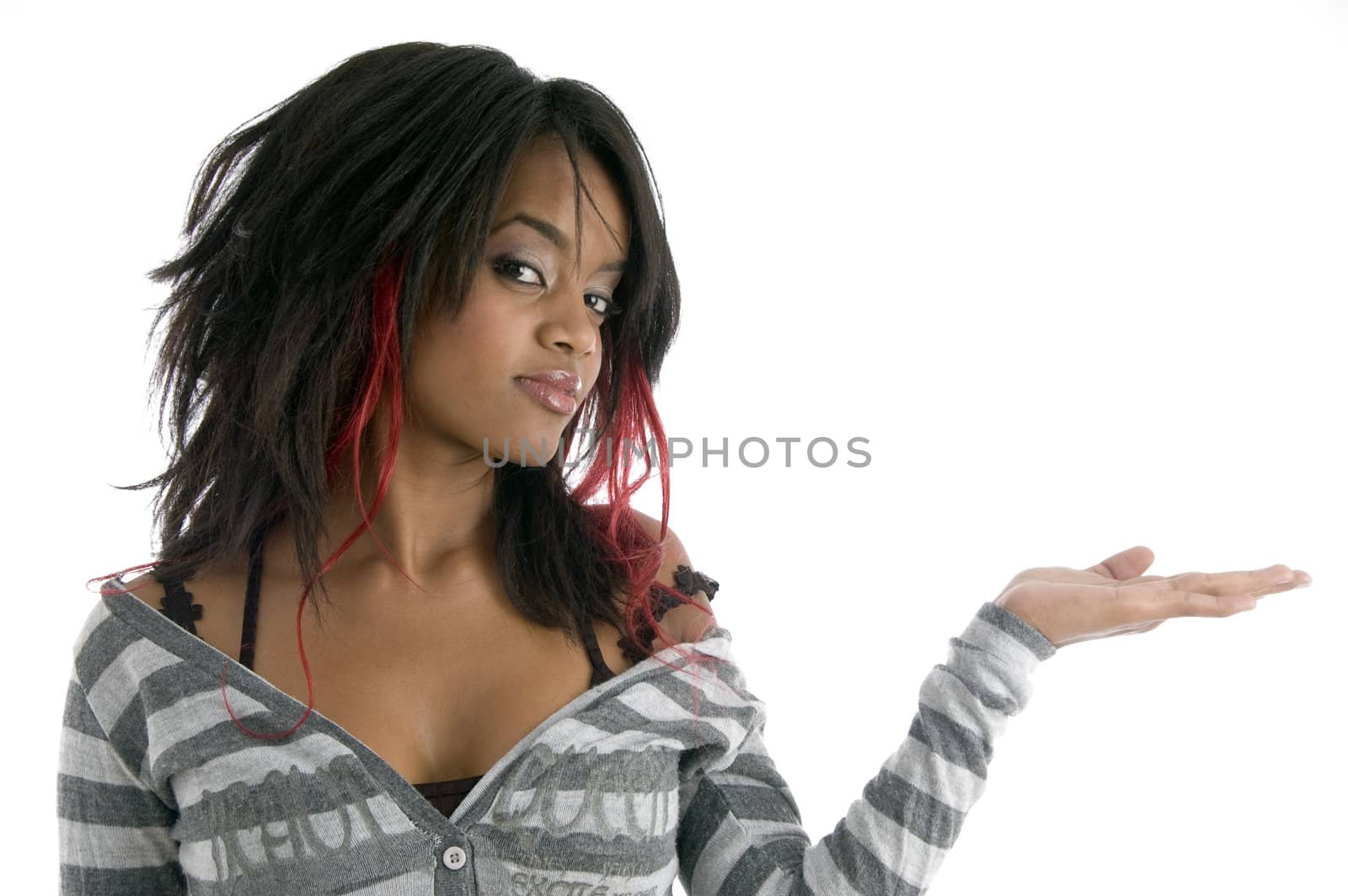 girl showing her palm on an isolated background