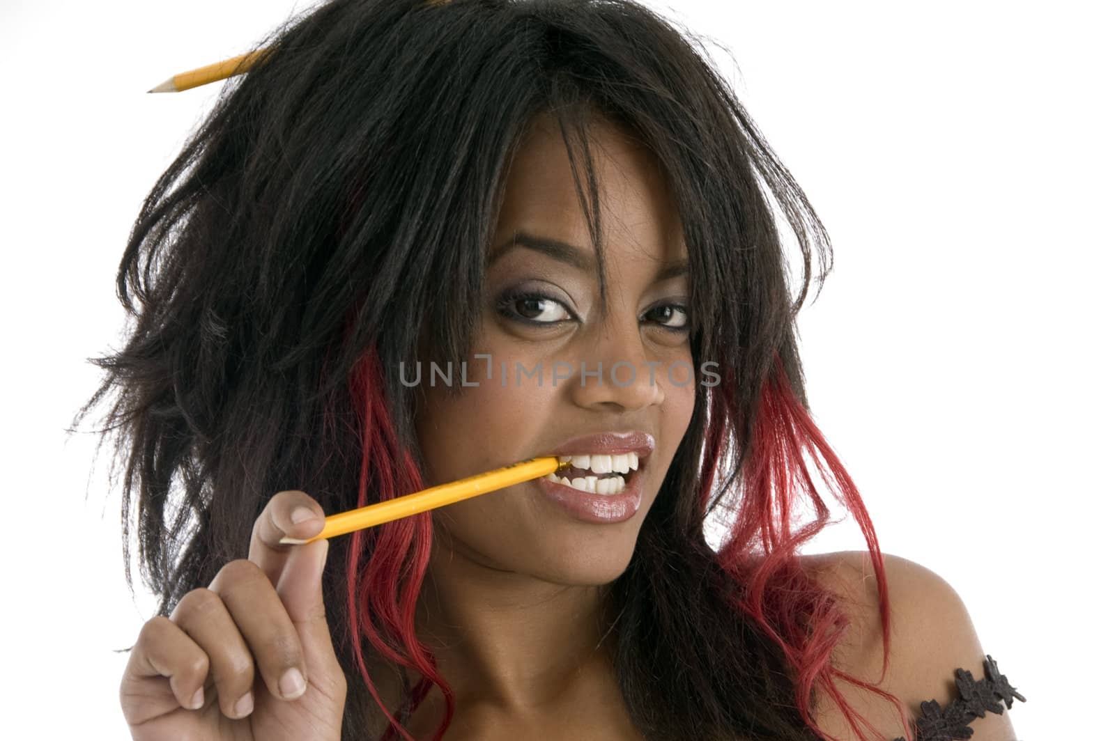 portrait of girl with pencil on an isolated white background