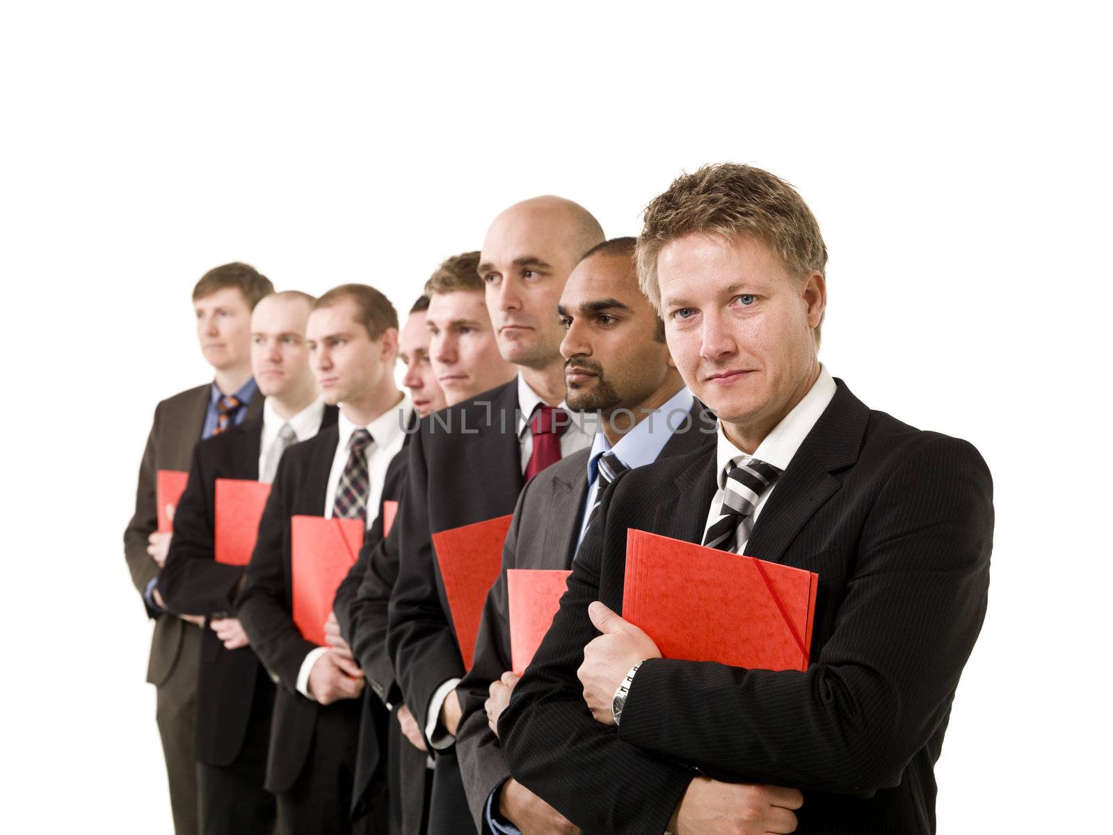 Group of business men with red documents isolated on white background