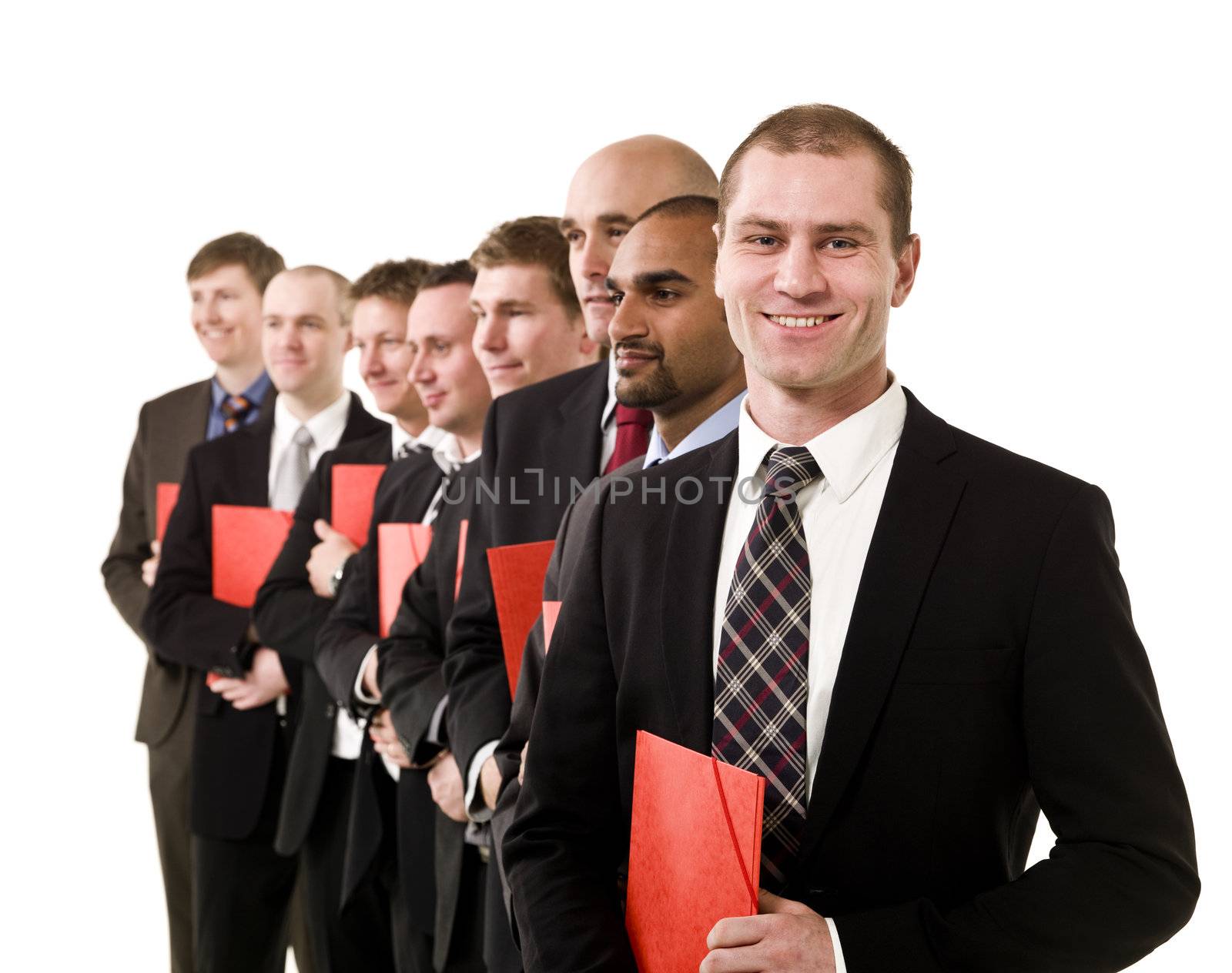 Group of business men with red documents isolated on white background