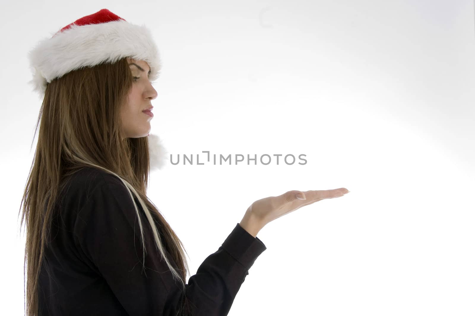 female looking her palm on an isolated background