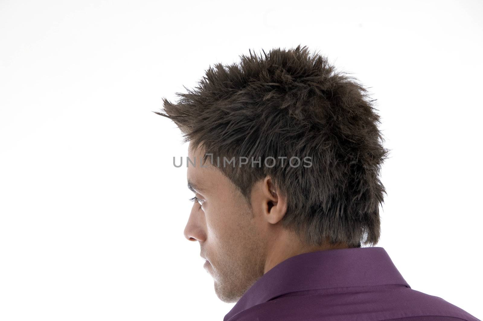 back pose of man's face against white background