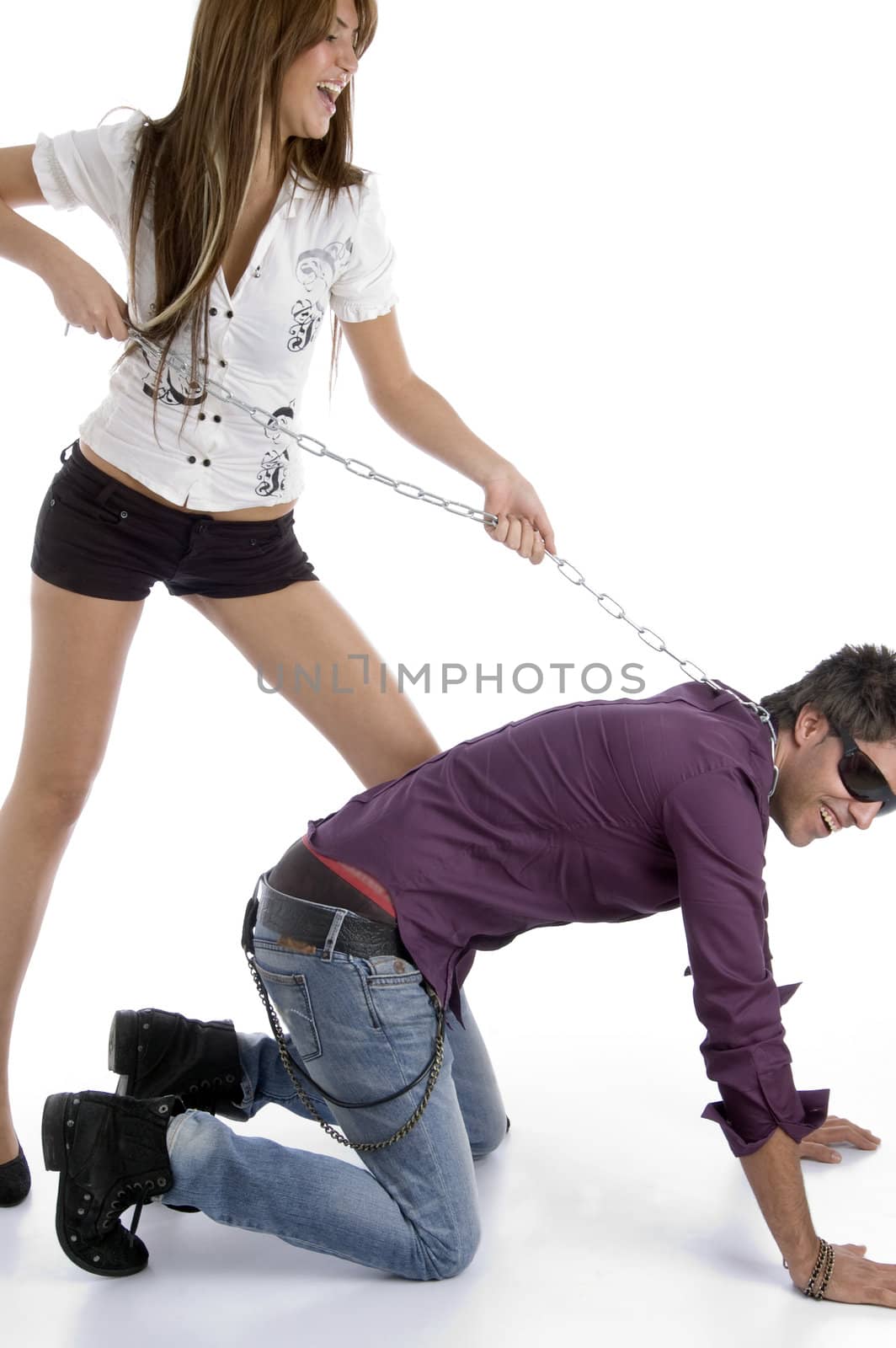 female pulling to man on an isolated background