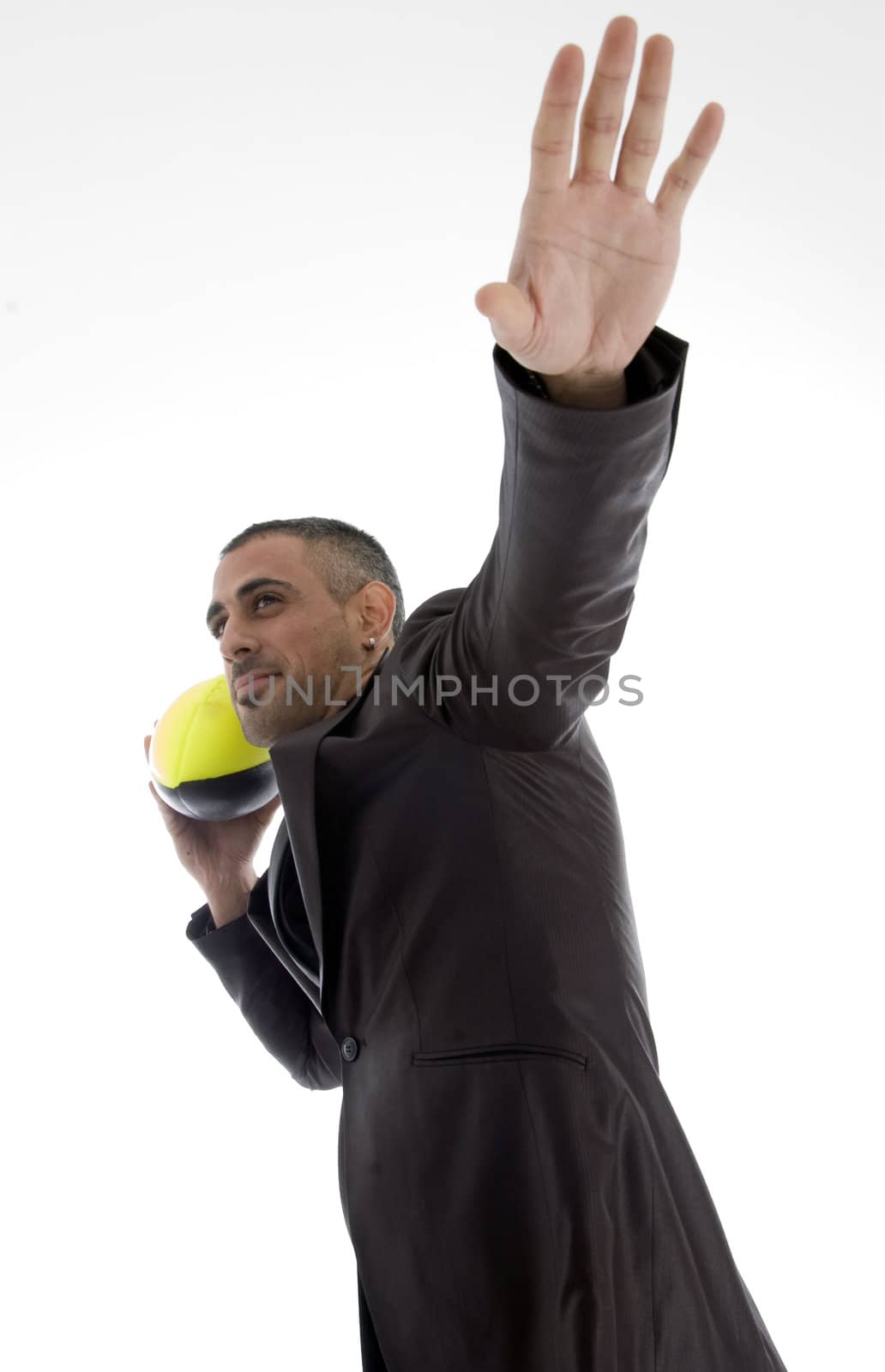 male with rugby ball against white background