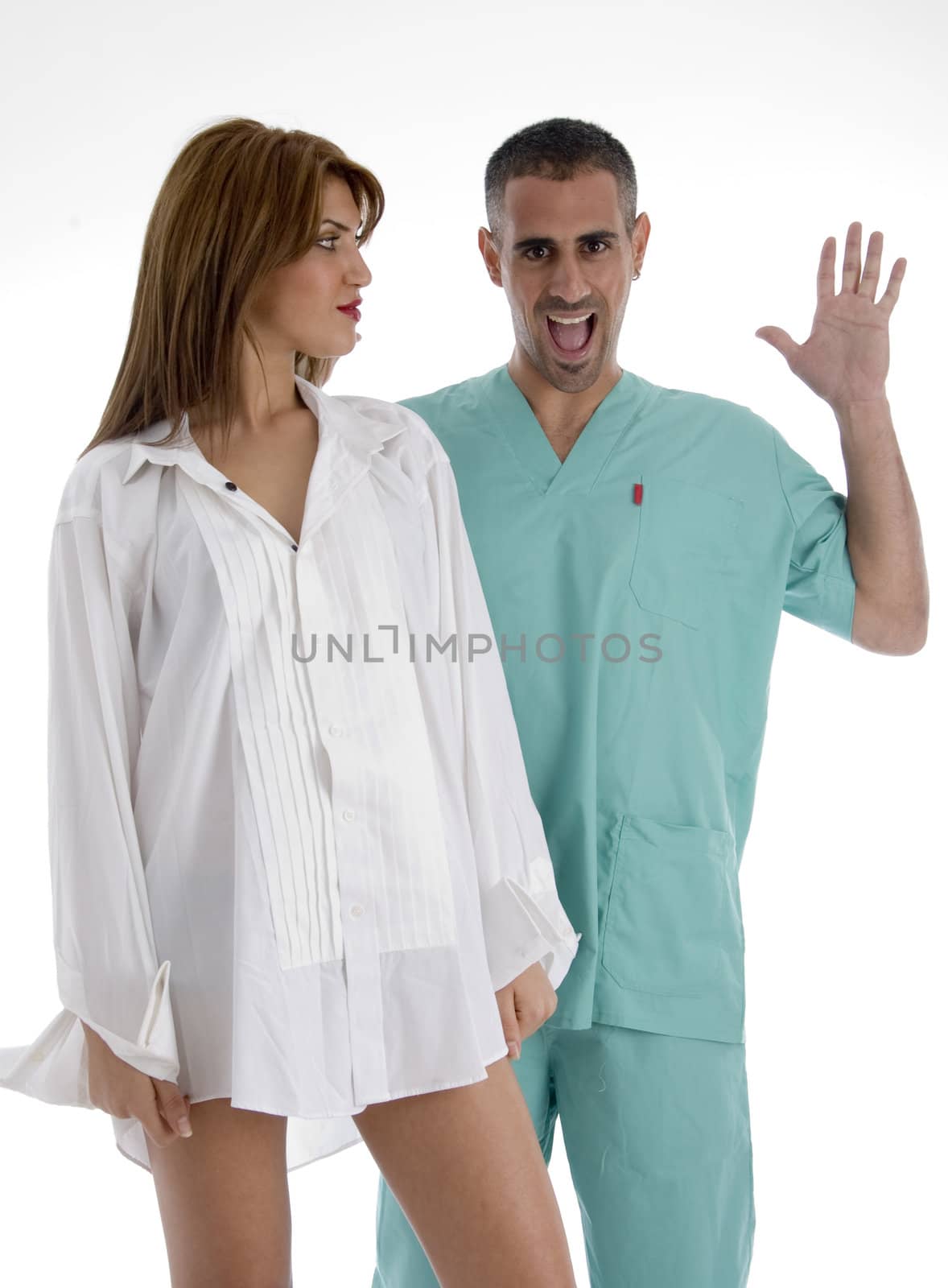 young doctor and patient on an isolated white background