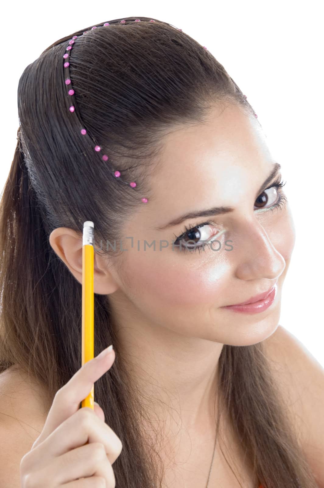 brunette girl with pencil on an isolated white background