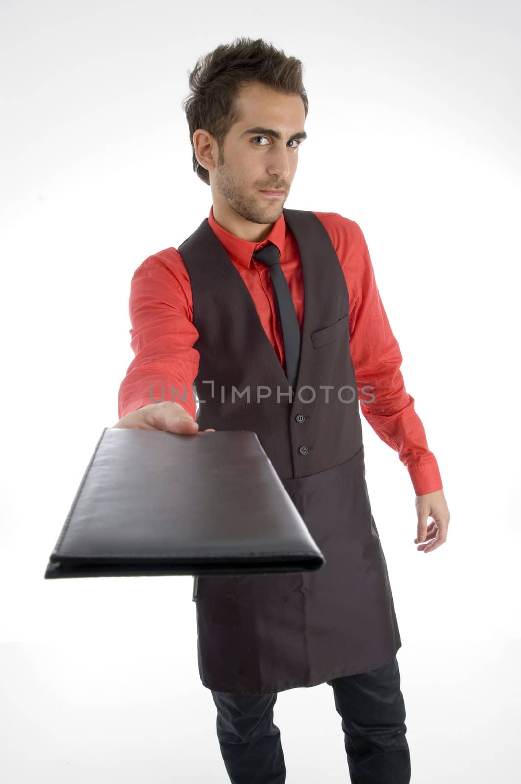 male showing folder on an isolated background