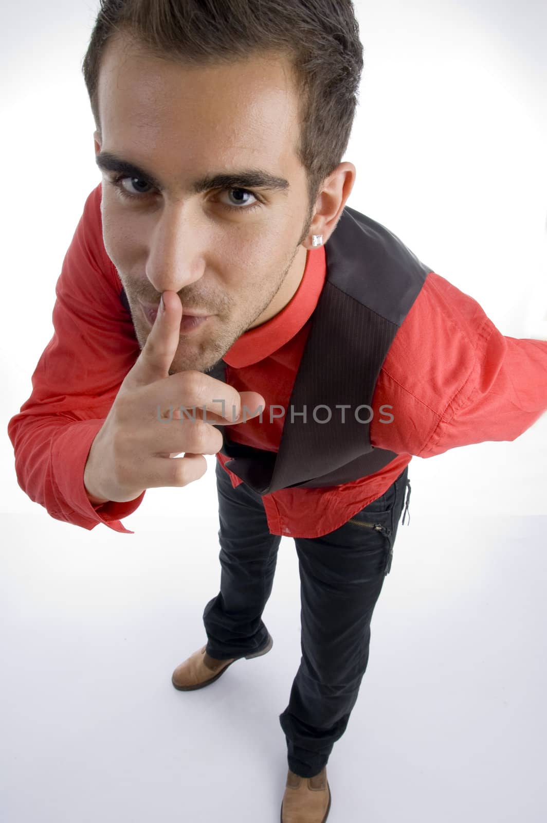 man asking to keep silent on an isolated white background