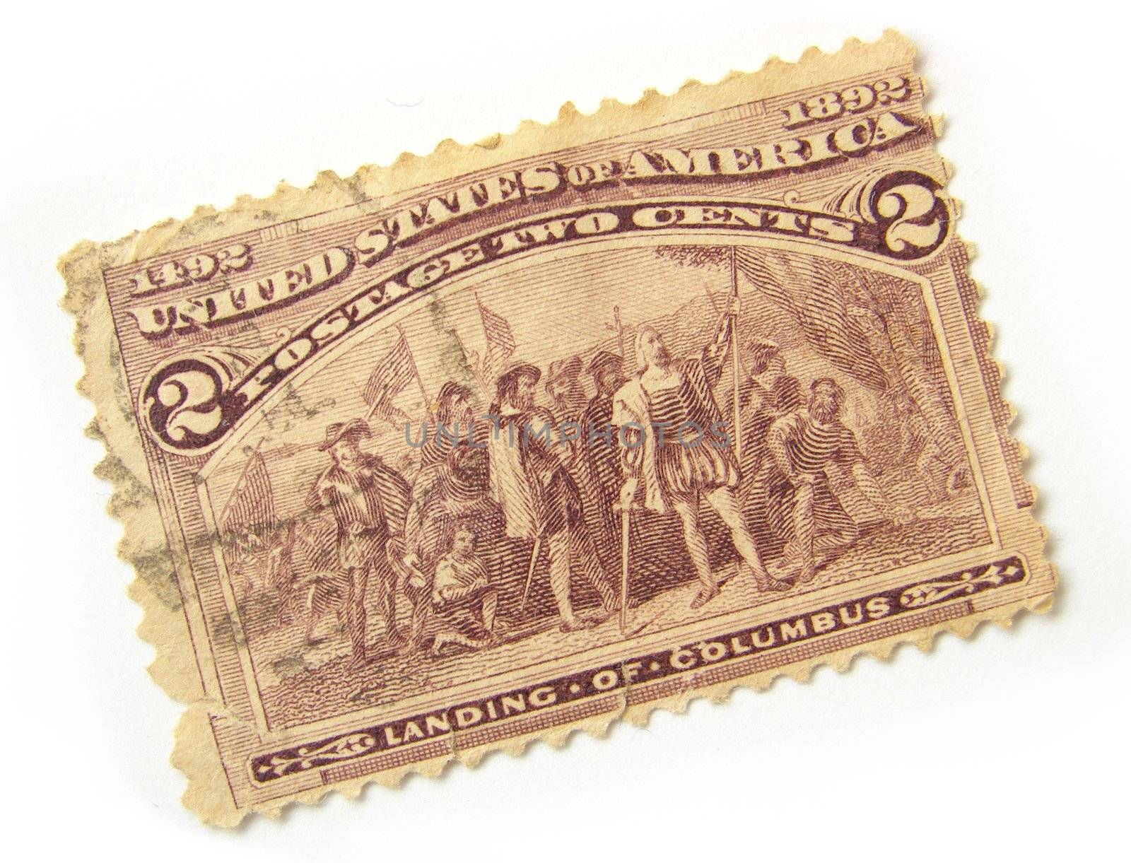 Old US postage stamp with the landing of Columbus                    