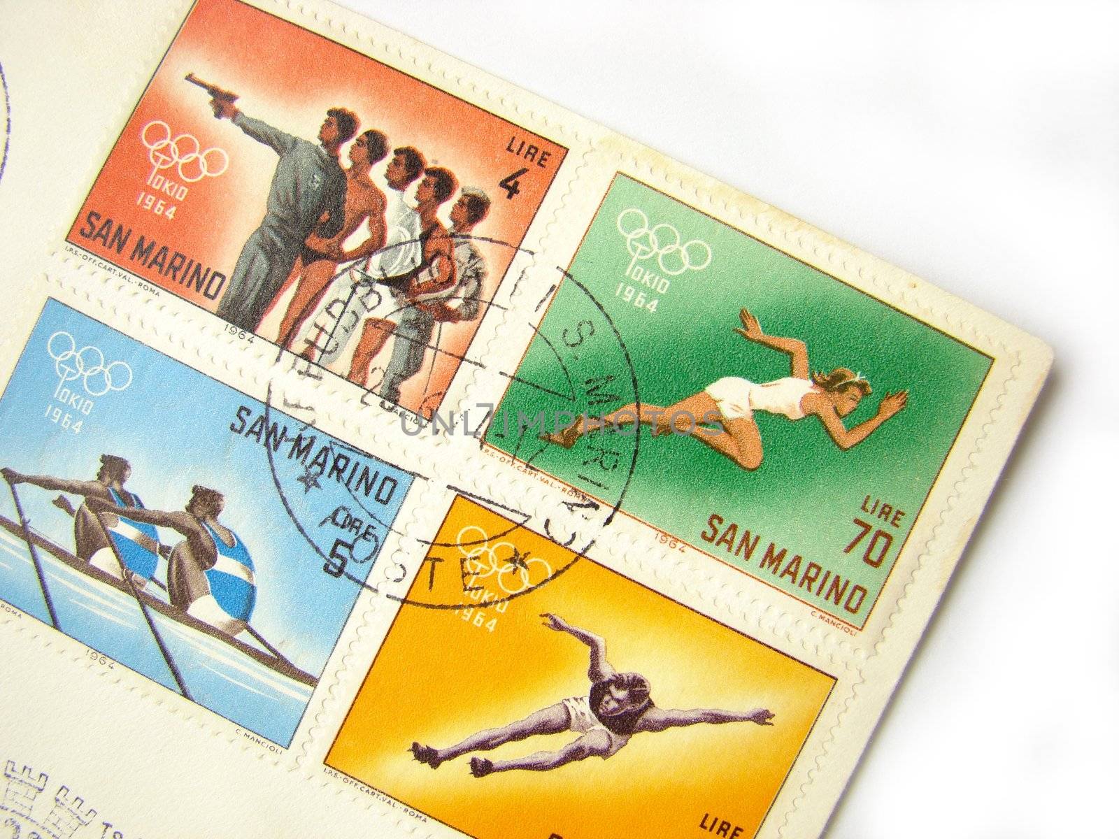 San Marino postage stamps on envelope, on white background