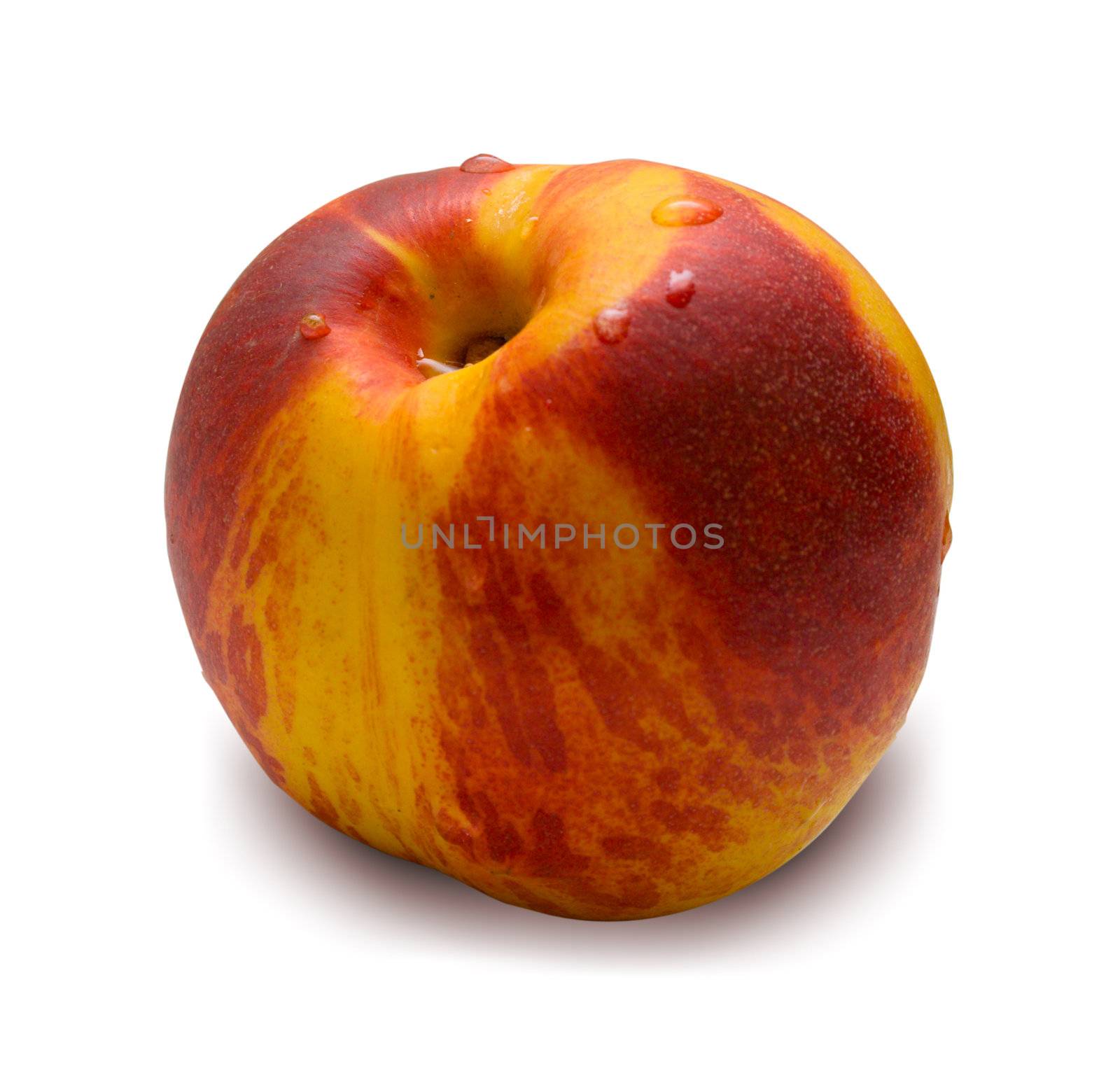 Red peach covered by drops of water. Isolated on the white background.