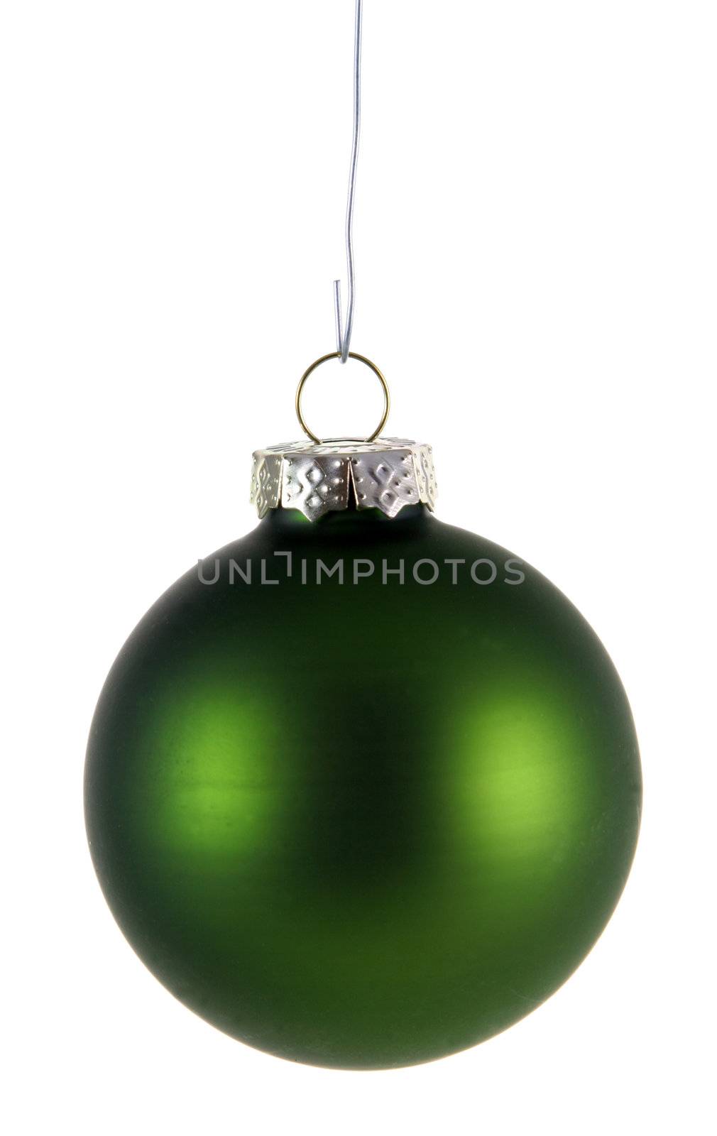 A single isolated green Christmas bauble hanging.
