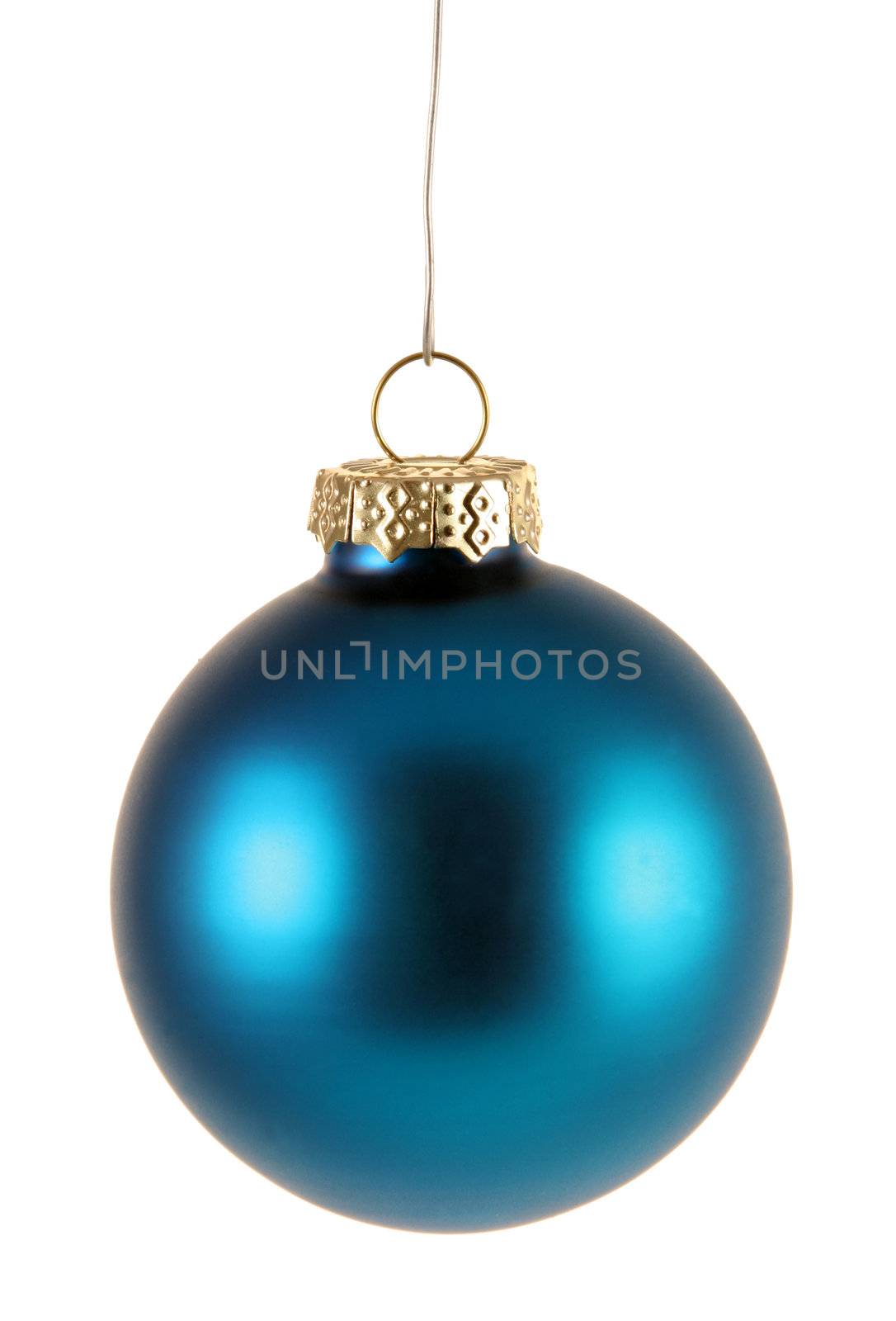 A single isolated blue Christmas bauble hanging.
