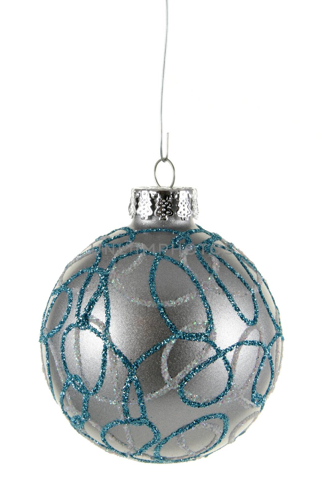 A single isolated decorated silver Christmas bauble hanging.
