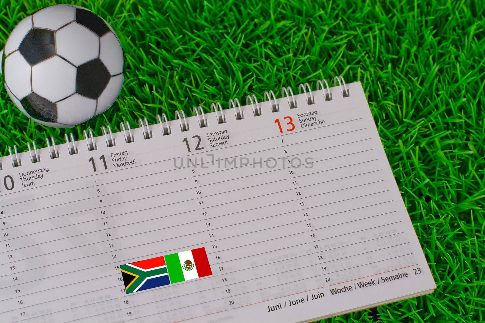 Calendar date 11. Juni 2010 with flags of Mexico and South Africa (opening game World Cup South Africa 2010)