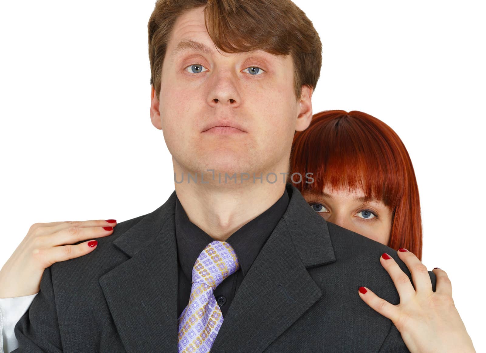 Young woman hides behind big shoulders of man by pzaxe
