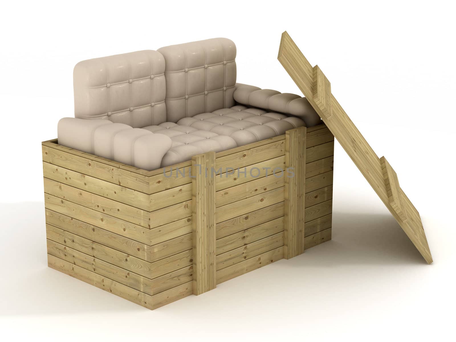 Leather sofa in an open box. 3D image.