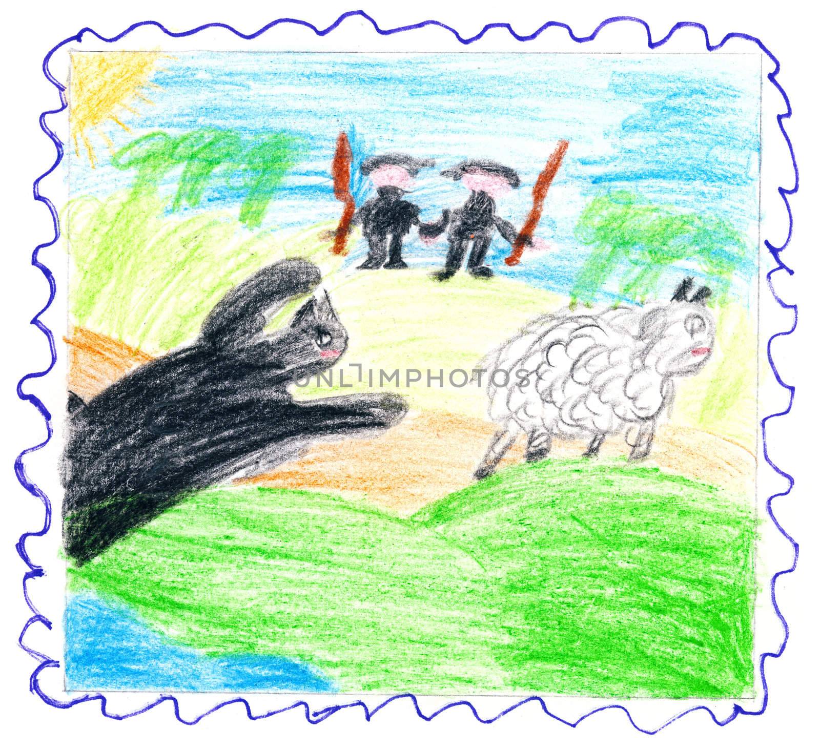 Child's drawing - the beast catches the sheep. The hunters rush to help.