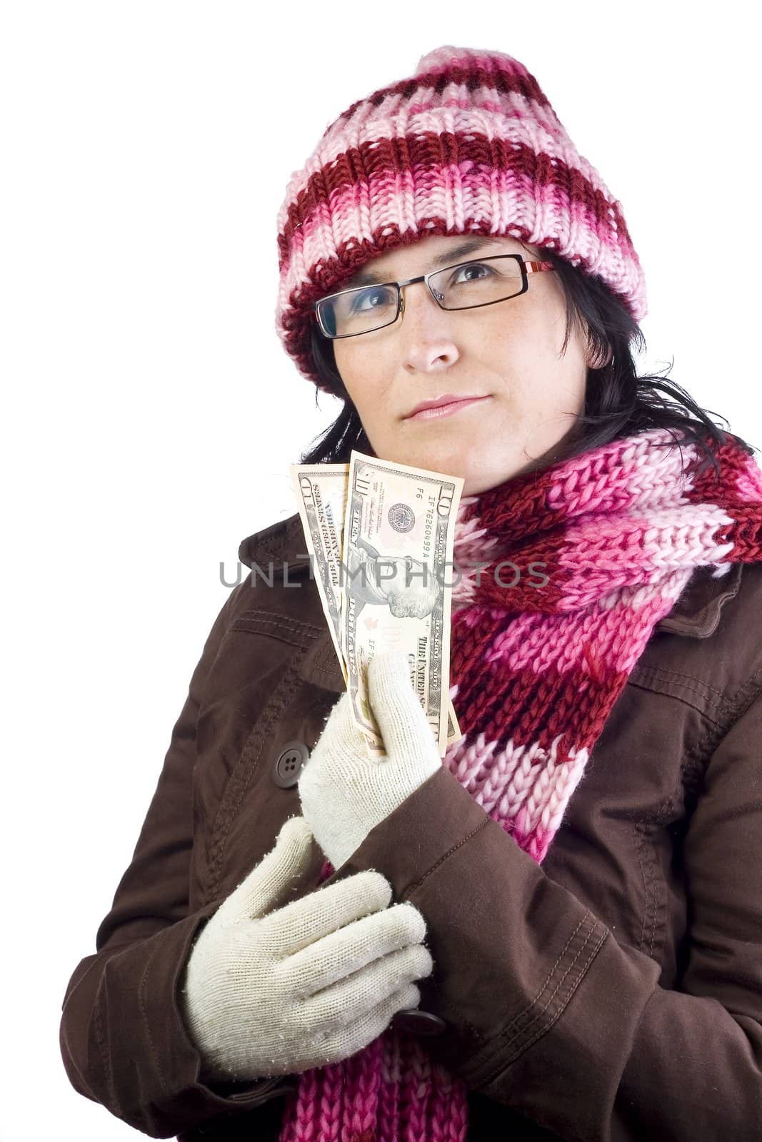 adult christmas woman thinking in what to buy holding a dollar note