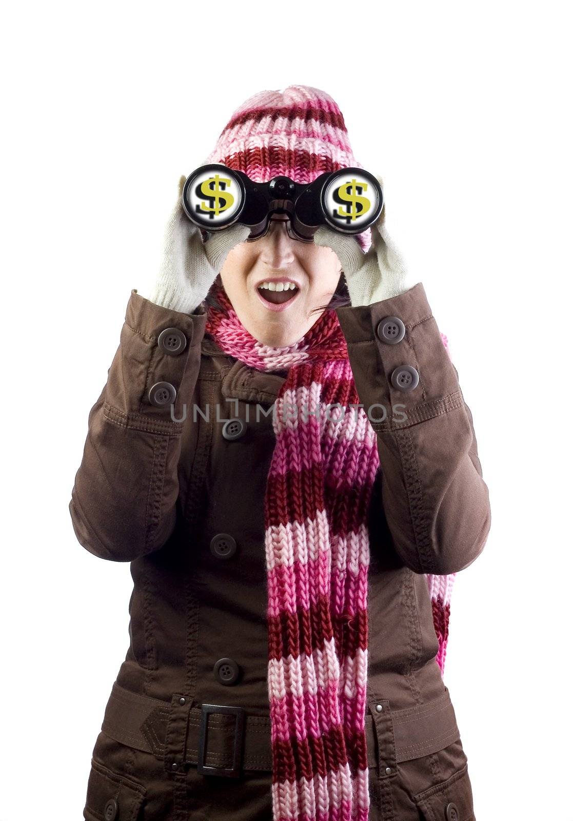 christmas woman holding and looking through binoculars