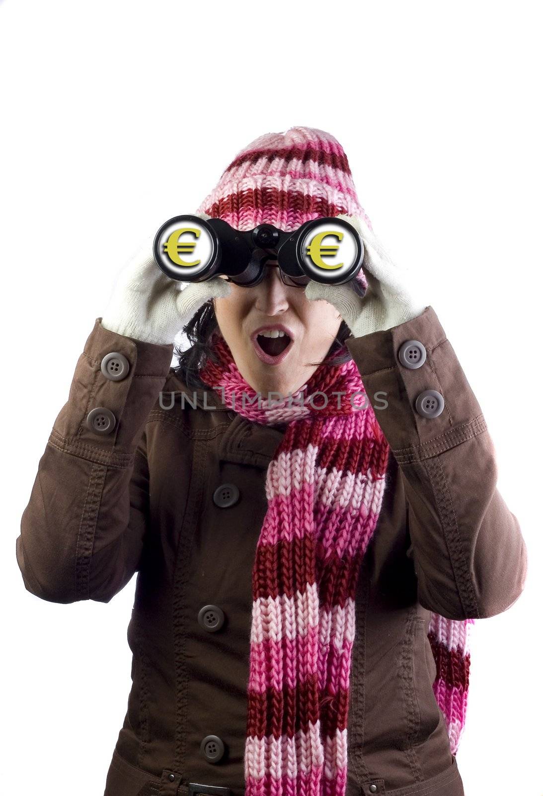 christmas woman holding and looking through binoculars