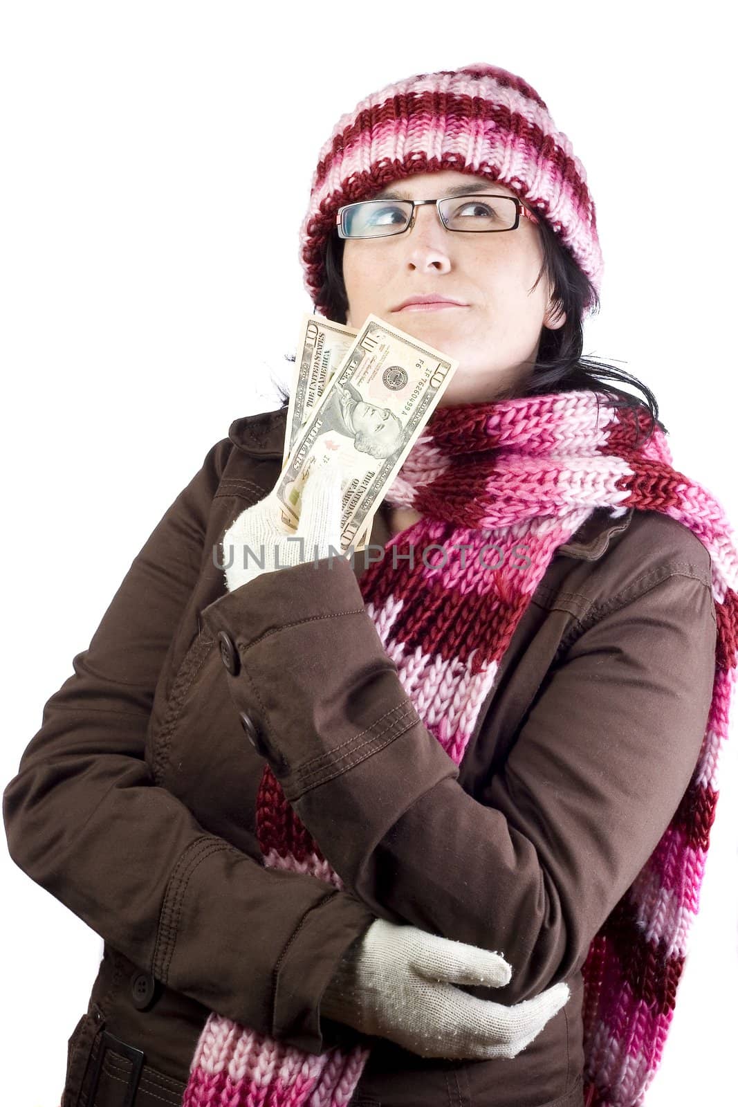 adult christmas woman thinking in what to buy holding a dollar note