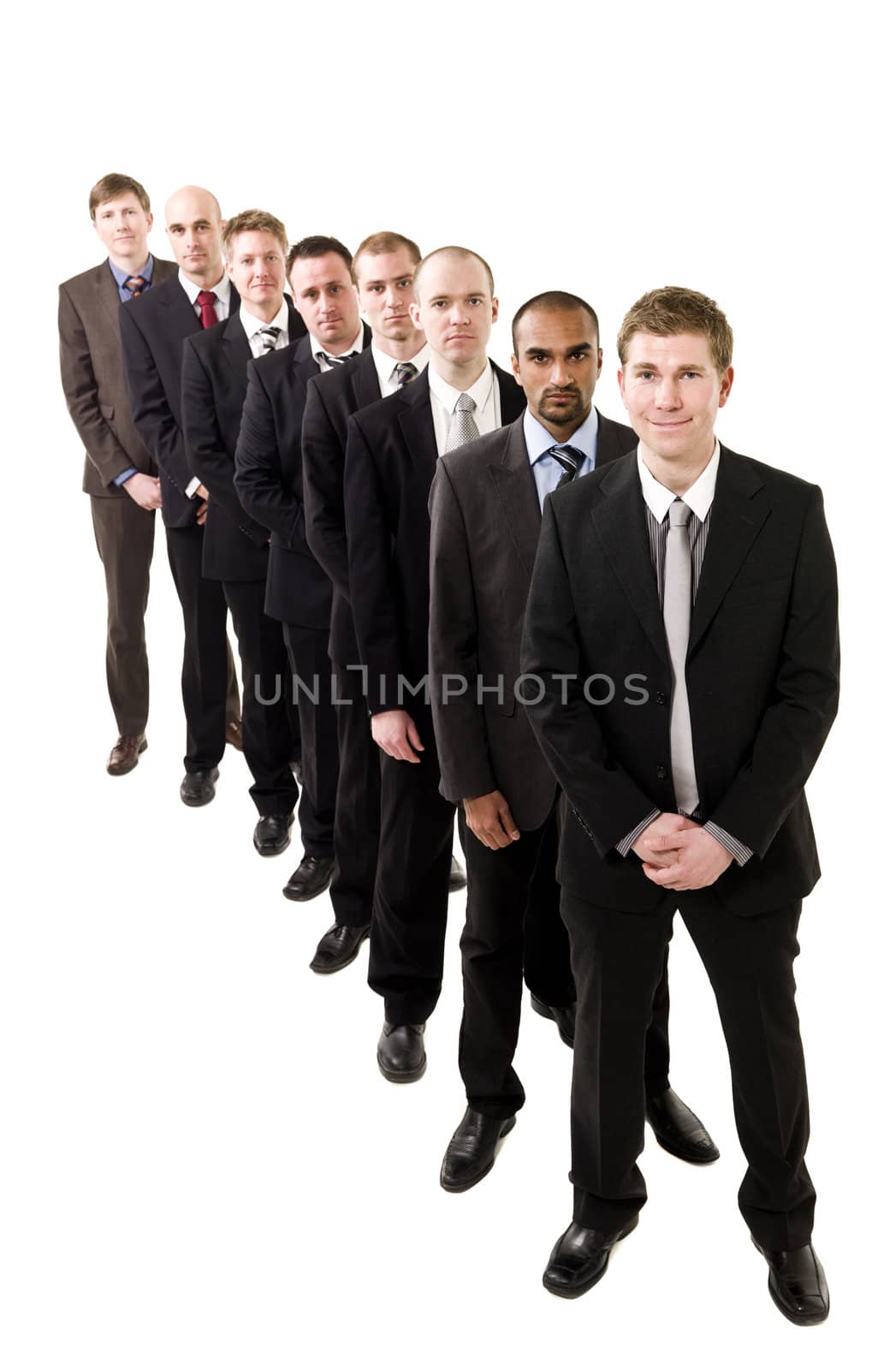 Businessmen on a line isolated on white background