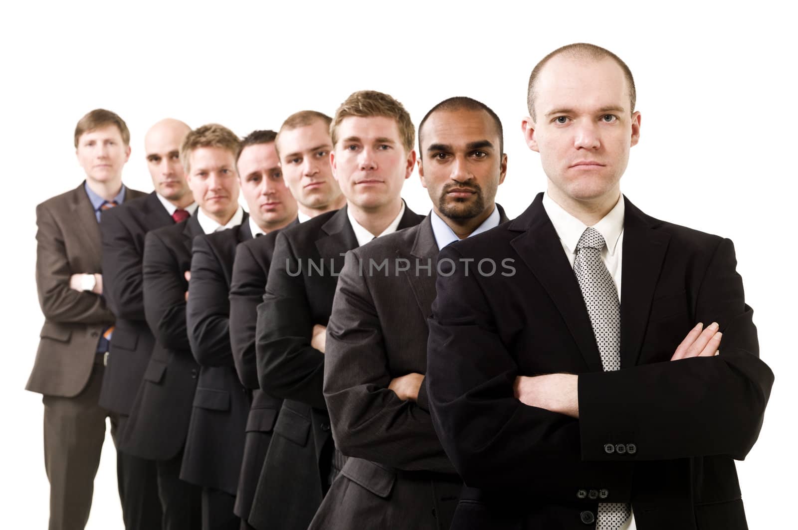 Businessmen on a line isolated on white background