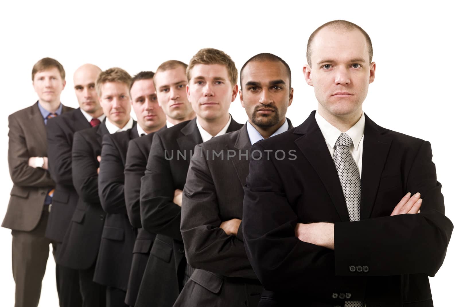 Businessmen on a line isolated on white background