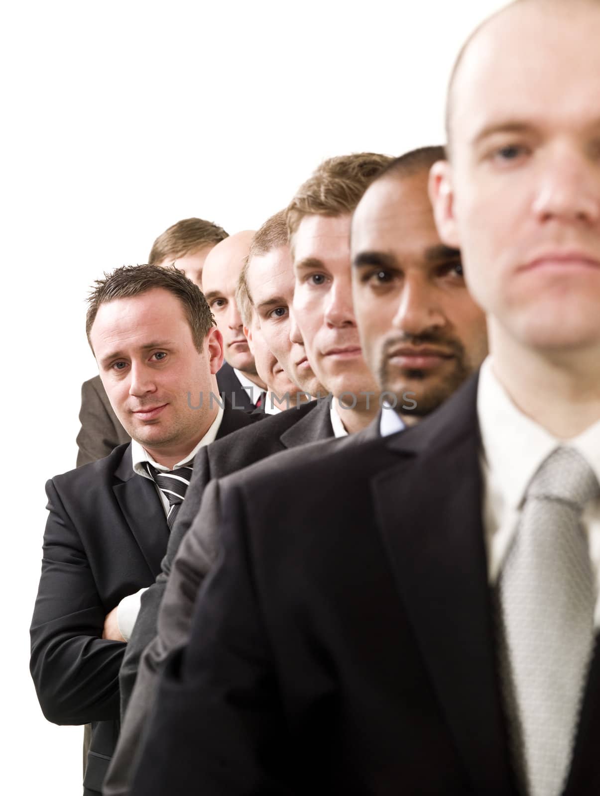 Businessmen on a line isolated on white background