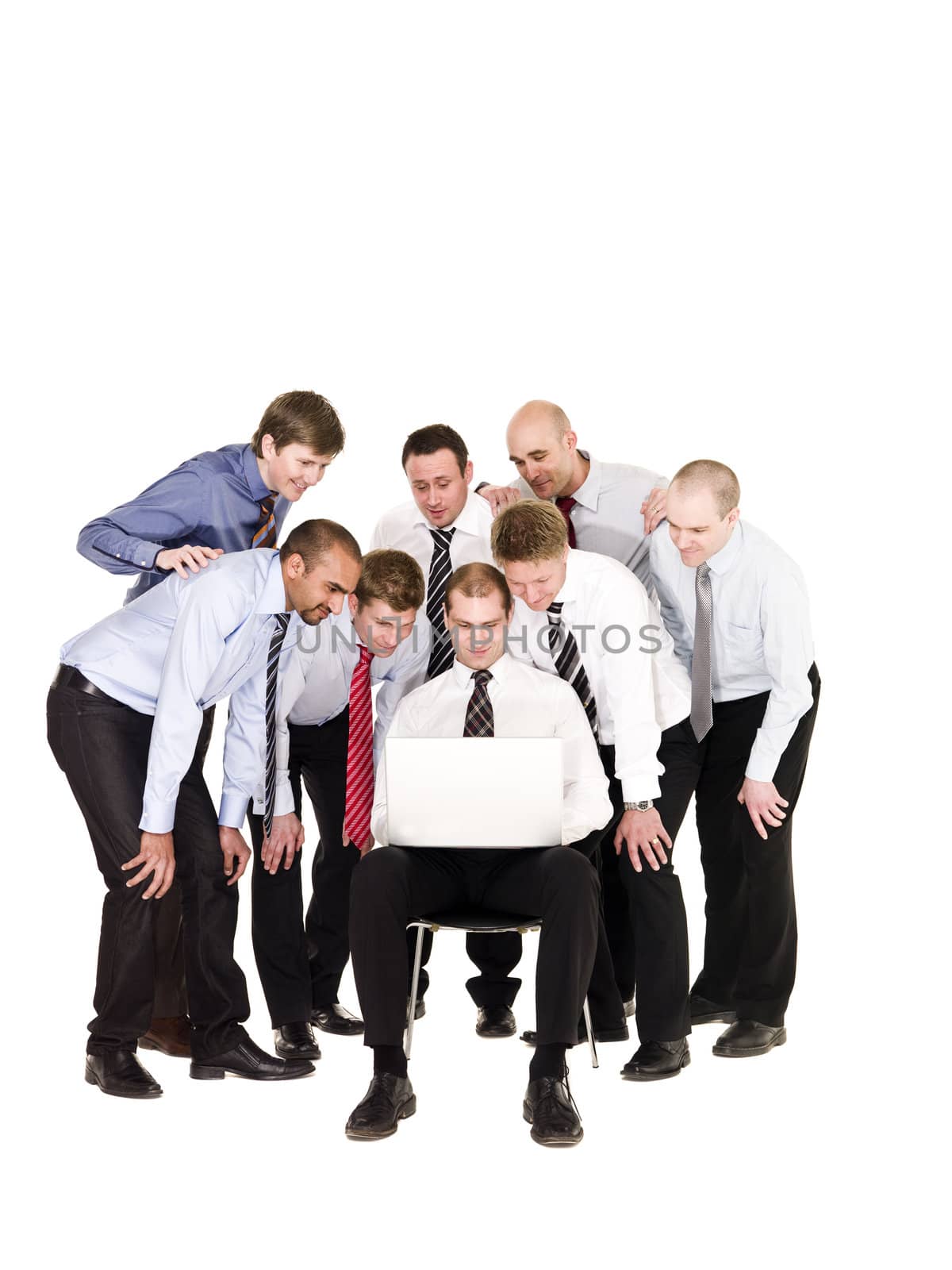 Group of businessmen in front of a laptop isolated on white background