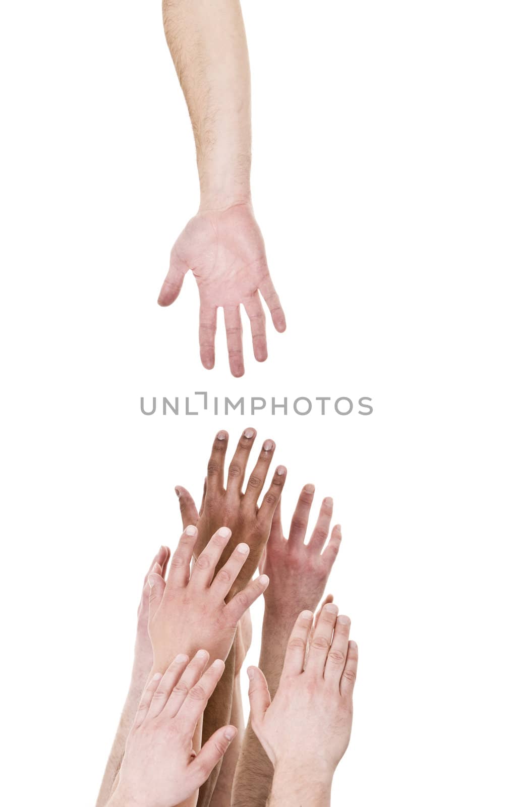 Hand reaching out for help isolated on white background