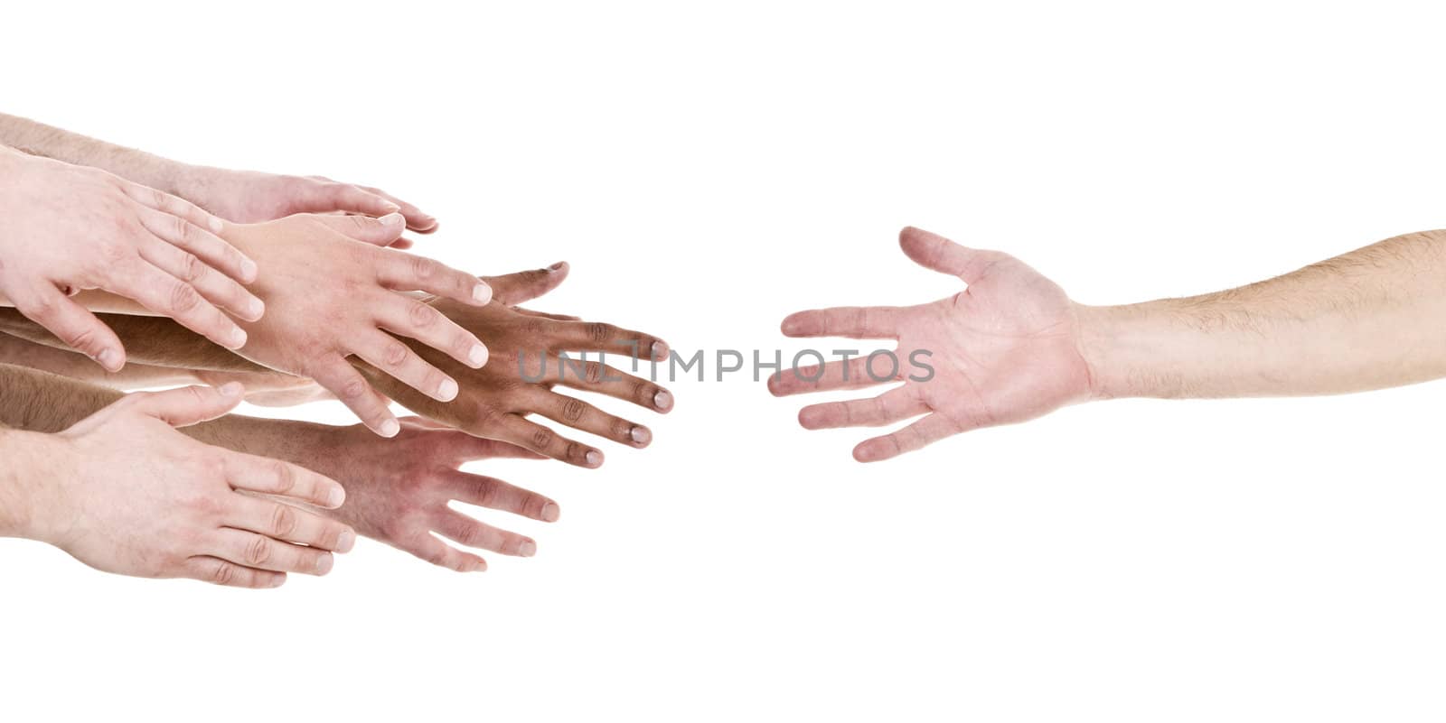 Hand reaching out for help isolated on white background